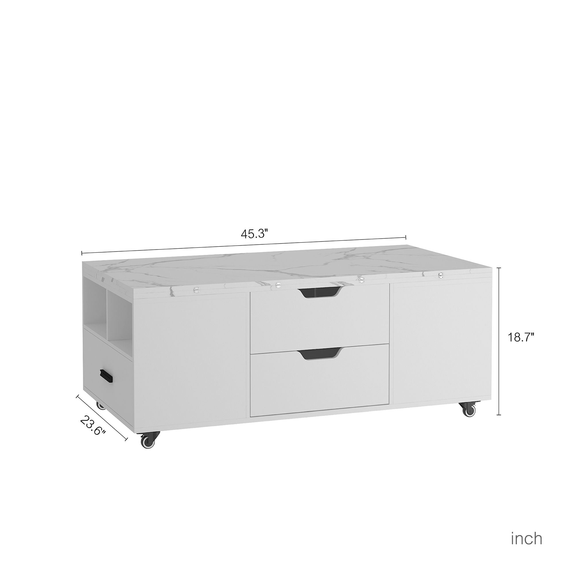 Modern Lift-Up Coffee Table with 2 Stools Set for Living Room Expandable Hidden Storage + Drawers Space Saving Folding Dining Table