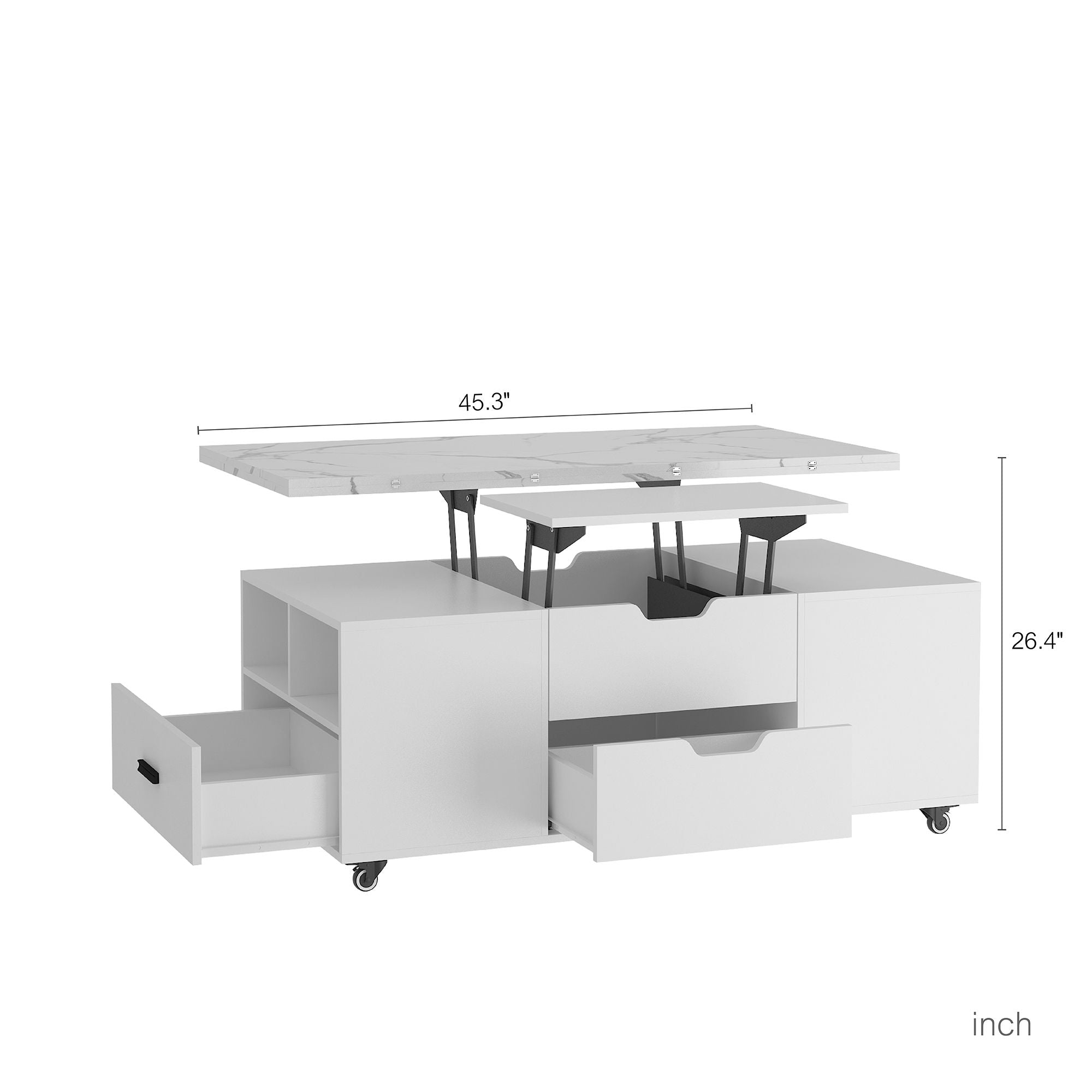 Modern Lift-Up Coffee Table with 2 Stools Set for Living Room Expandable Hidden Storage + Drawers Space Saving Folding Dining Table