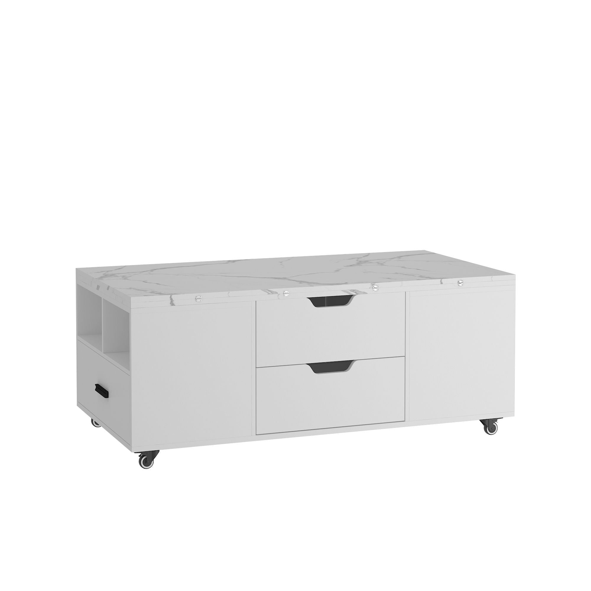 Modern Lift-Up Coffee Table with 2 Stools Set for Living Room Expandable Hidden Storage + Drawers Space Saving Folding Dining Table