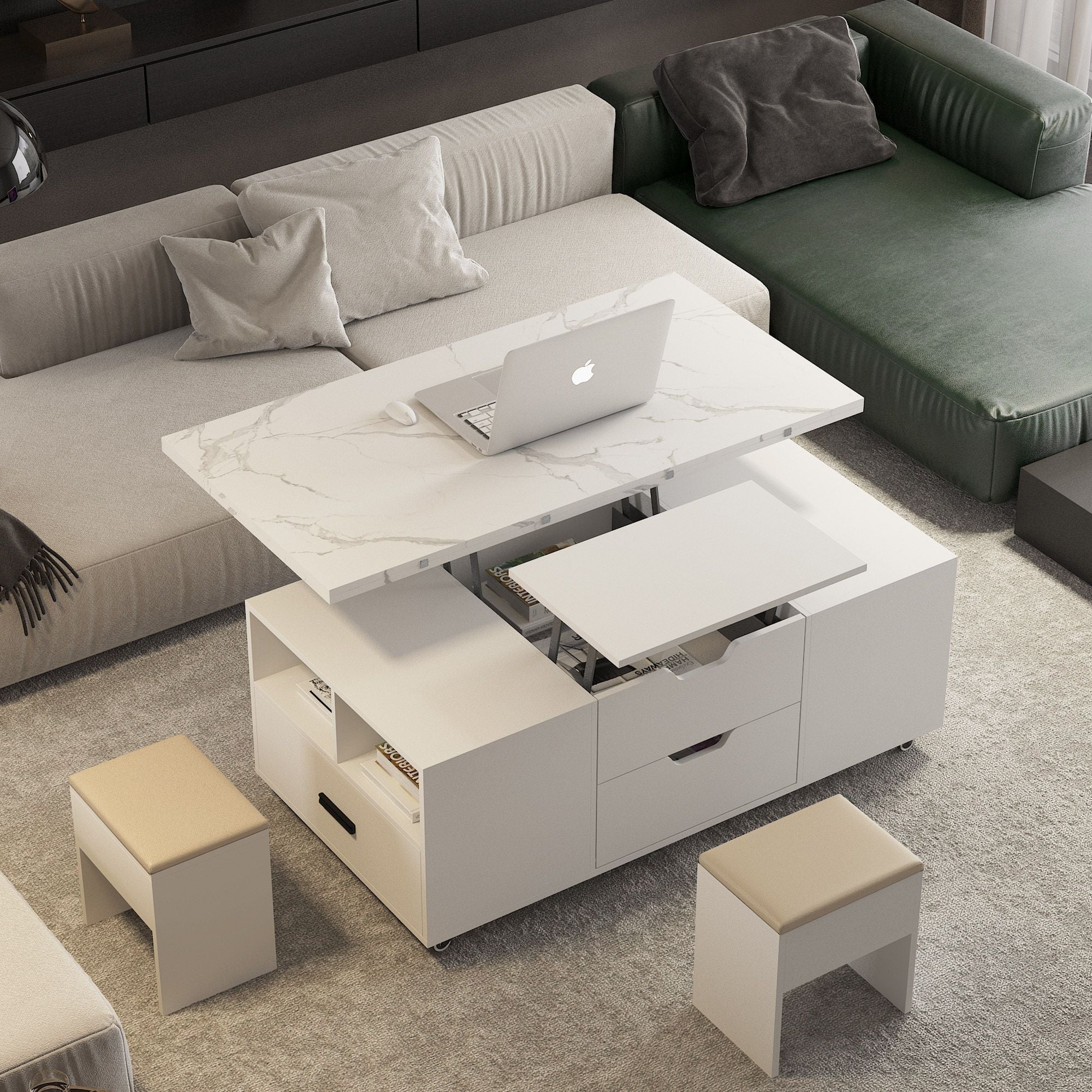 Modern Lift-Up Coffee Table with 2 Stools Set for Living Room Expandable Hidden Storage + Drawers Space Saving Folding Dining Table