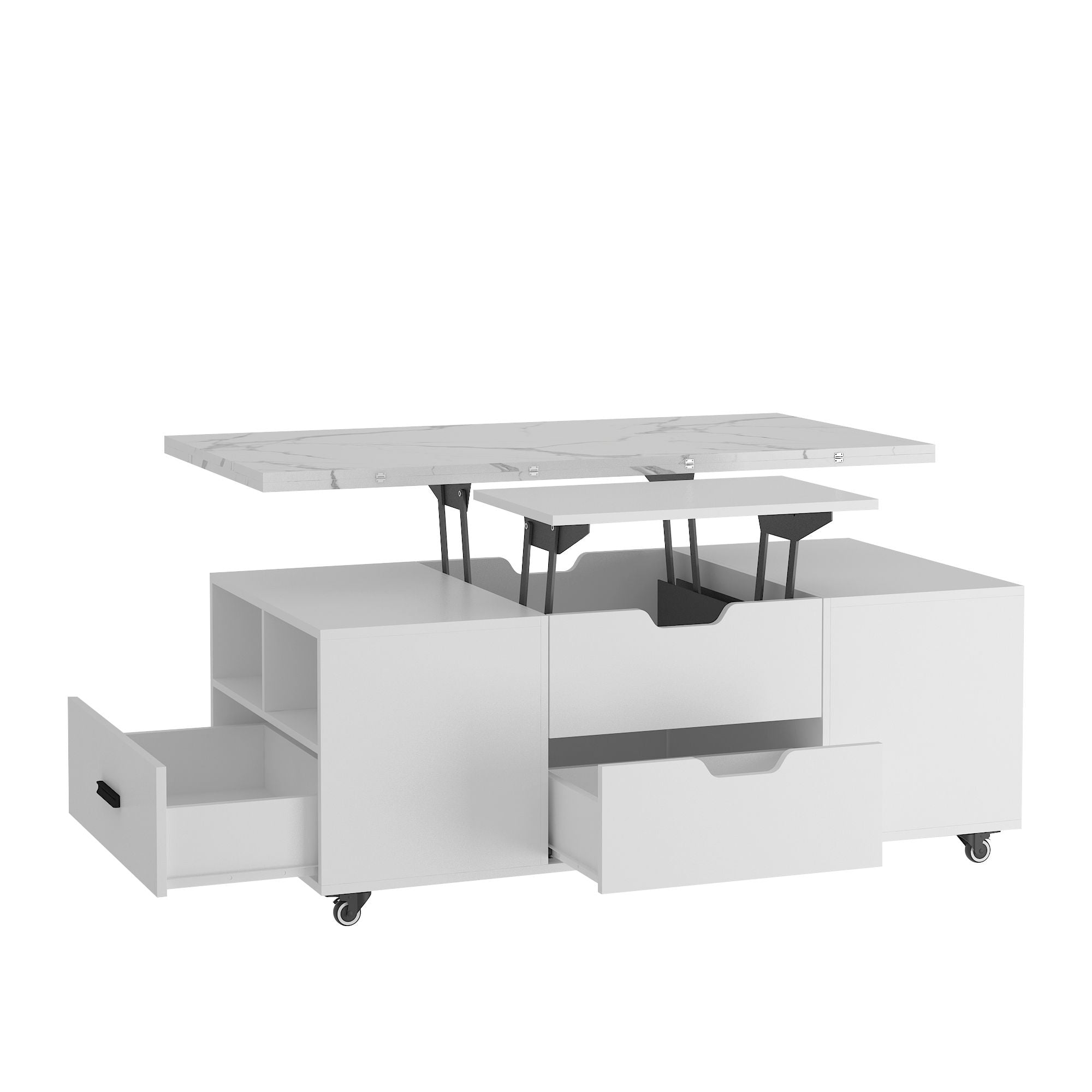 Modern Lift-Up Coffee Table with 2 Stools Set for Living Room Expandable Hidden Storage + Drawers Space Saving Folding Dining Table