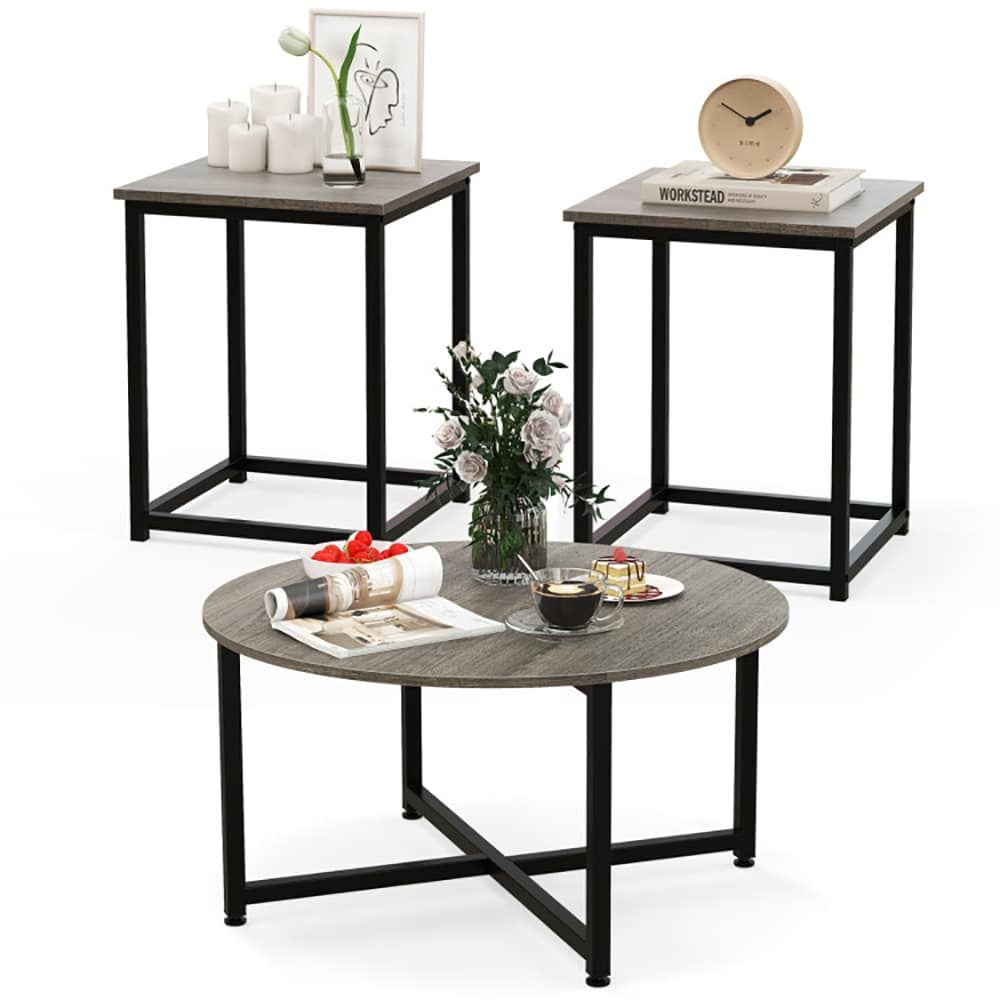 3-Piece Coffee Table Set Round Coffee Table and 2PCS Square End Tables