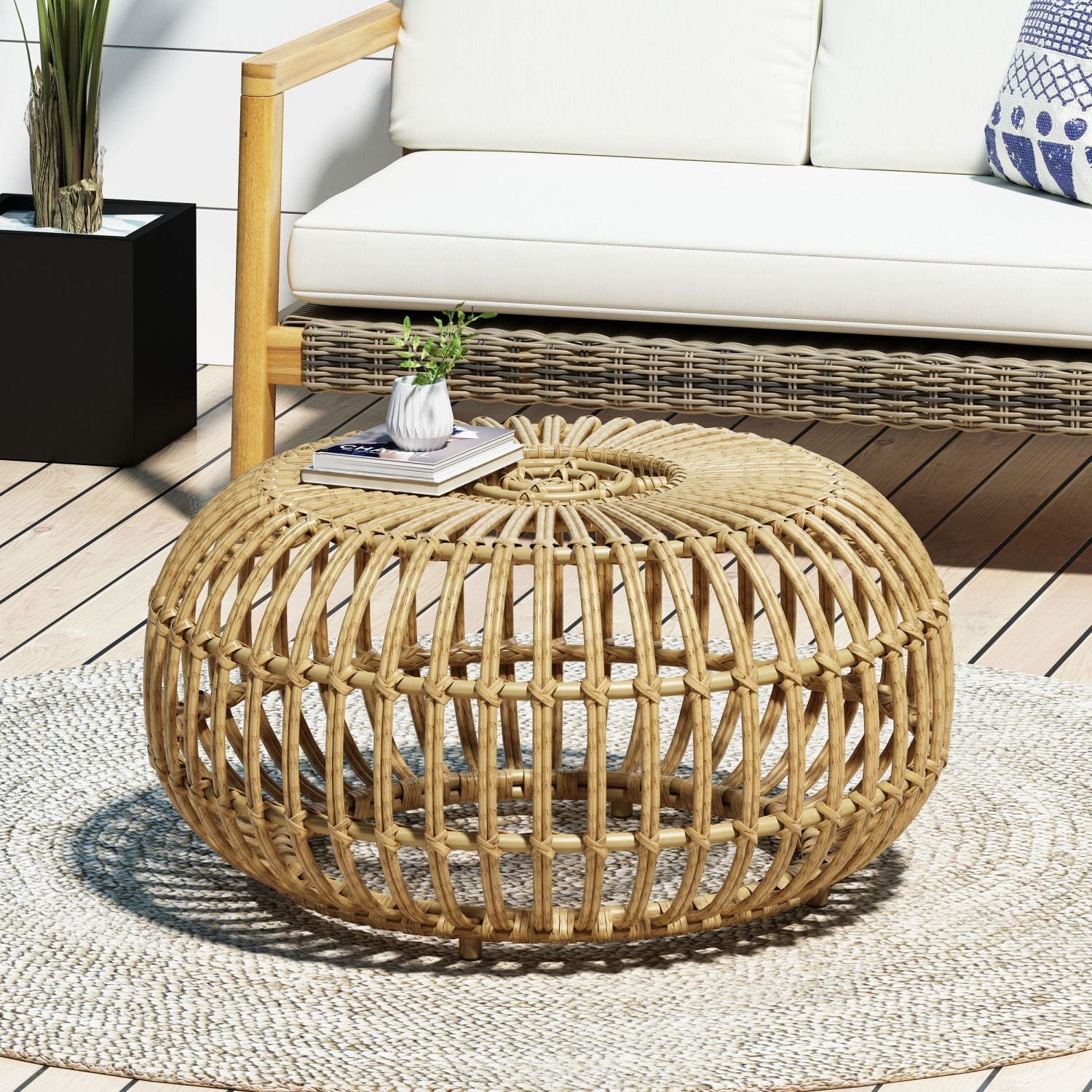 OTTAWA Coffee Table-Bohemian Faux Rattan Weave Accent Table for Indoor Outdoor Use, Handcrafted Round Side Table for Living Room, Patio, Garden,Light Brown Color