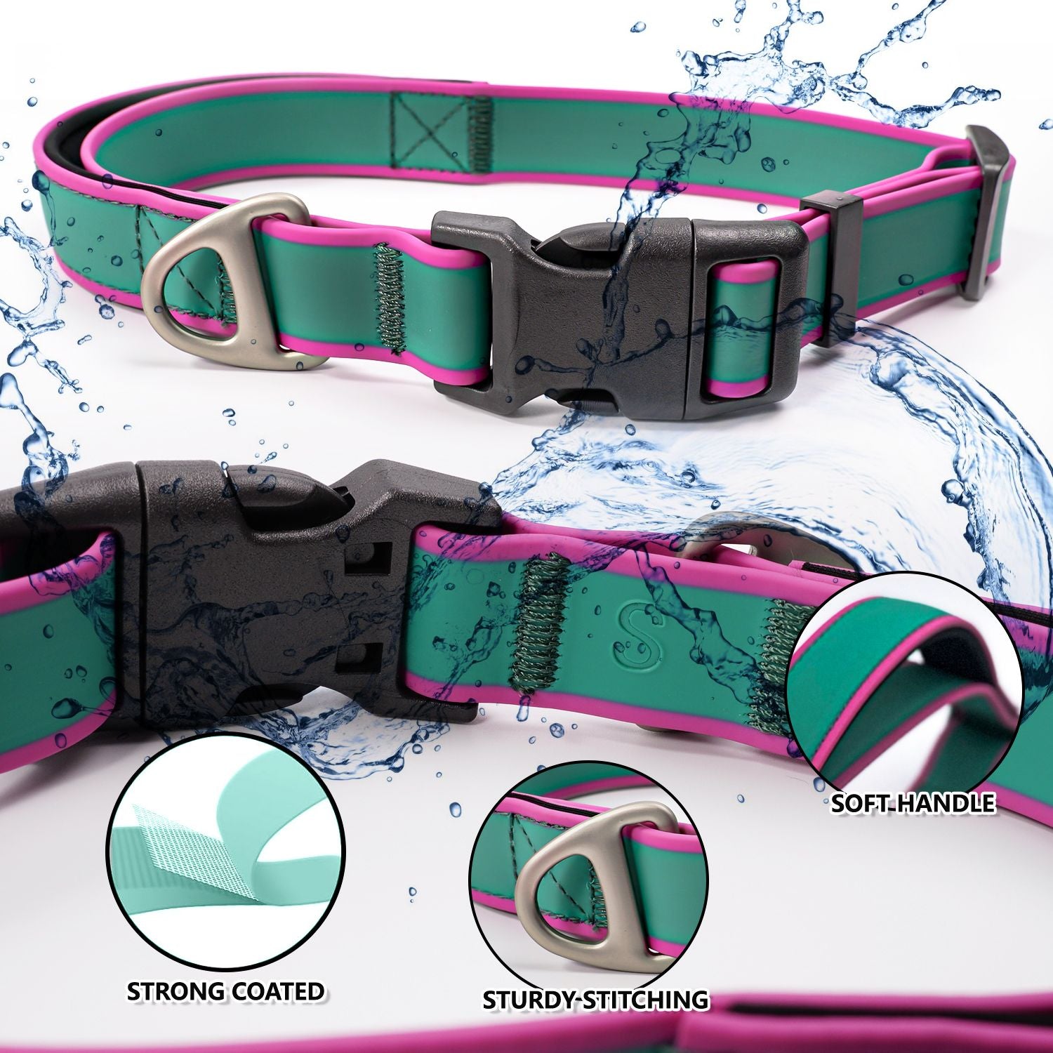 Waterproof Stain-Resistant Dog Collar, Green & Pink Color Block Pet Neck Strap, Adjustable Quick-Release Buckle, Comfortable No Choking, Traction Collar for Small & Medium Dogs