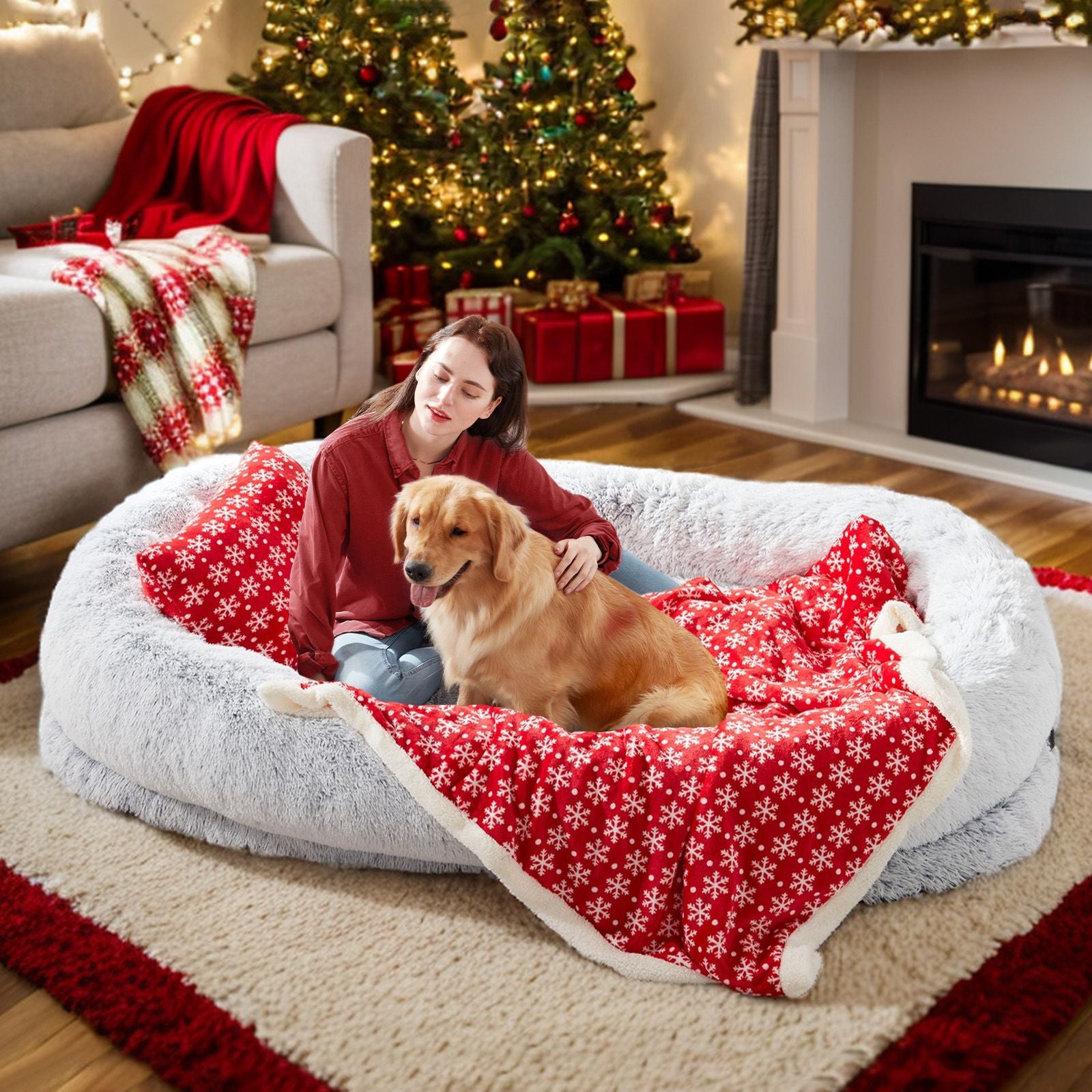 Human Dog Bed, Large Size Fits You and Pets, Washable Faux Fur Dog Bed for People Doze Off, Napping Orthopedic Dog Bed, Present Plump Pillow, Blanket, Strap