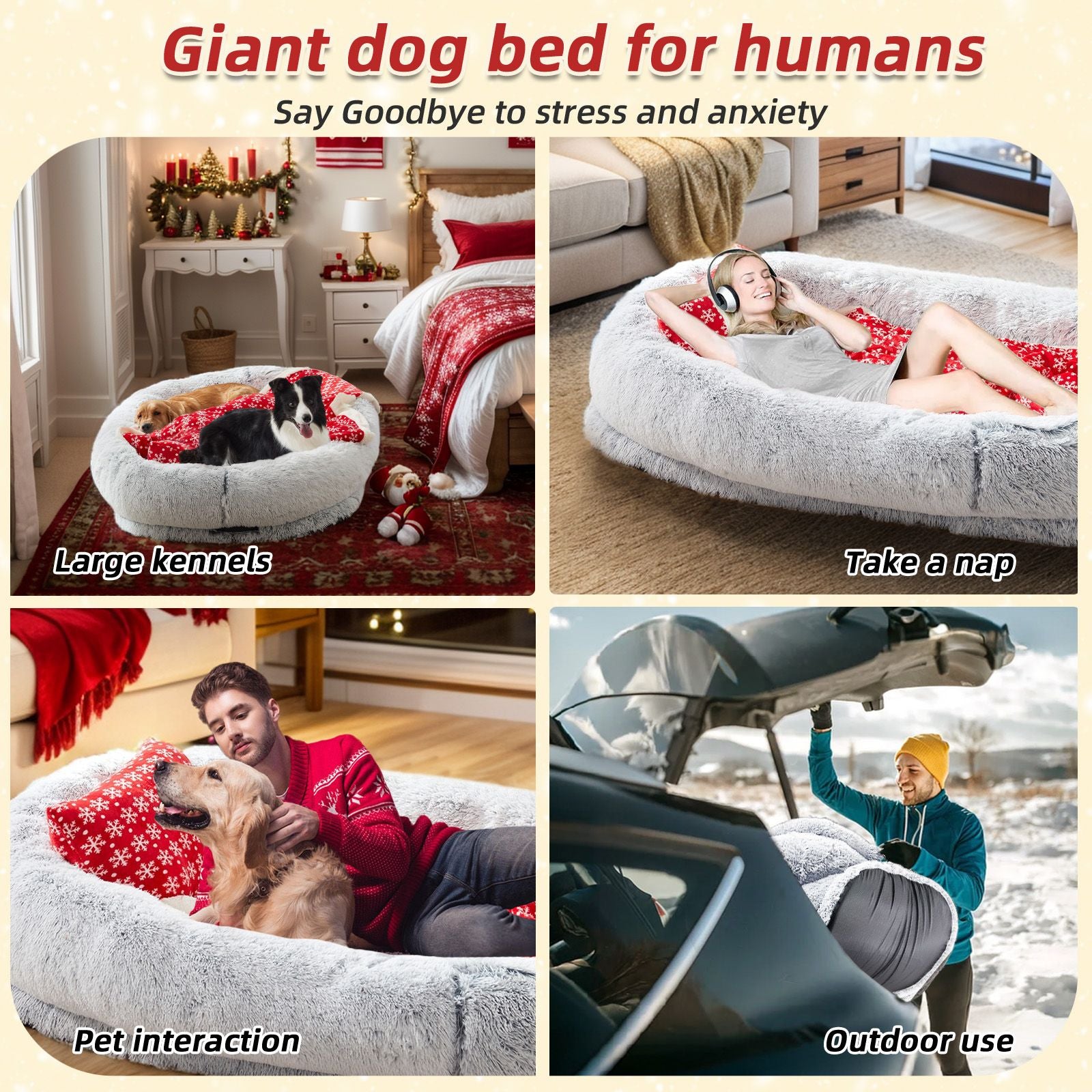 Human Dog Bed, Large Size Fits You and Pets, Washable Faux Fur Dog Bed for People Doze Off, Napping Orthopedic Dog Bed, Present Plump Pillow, Blanket, Strap