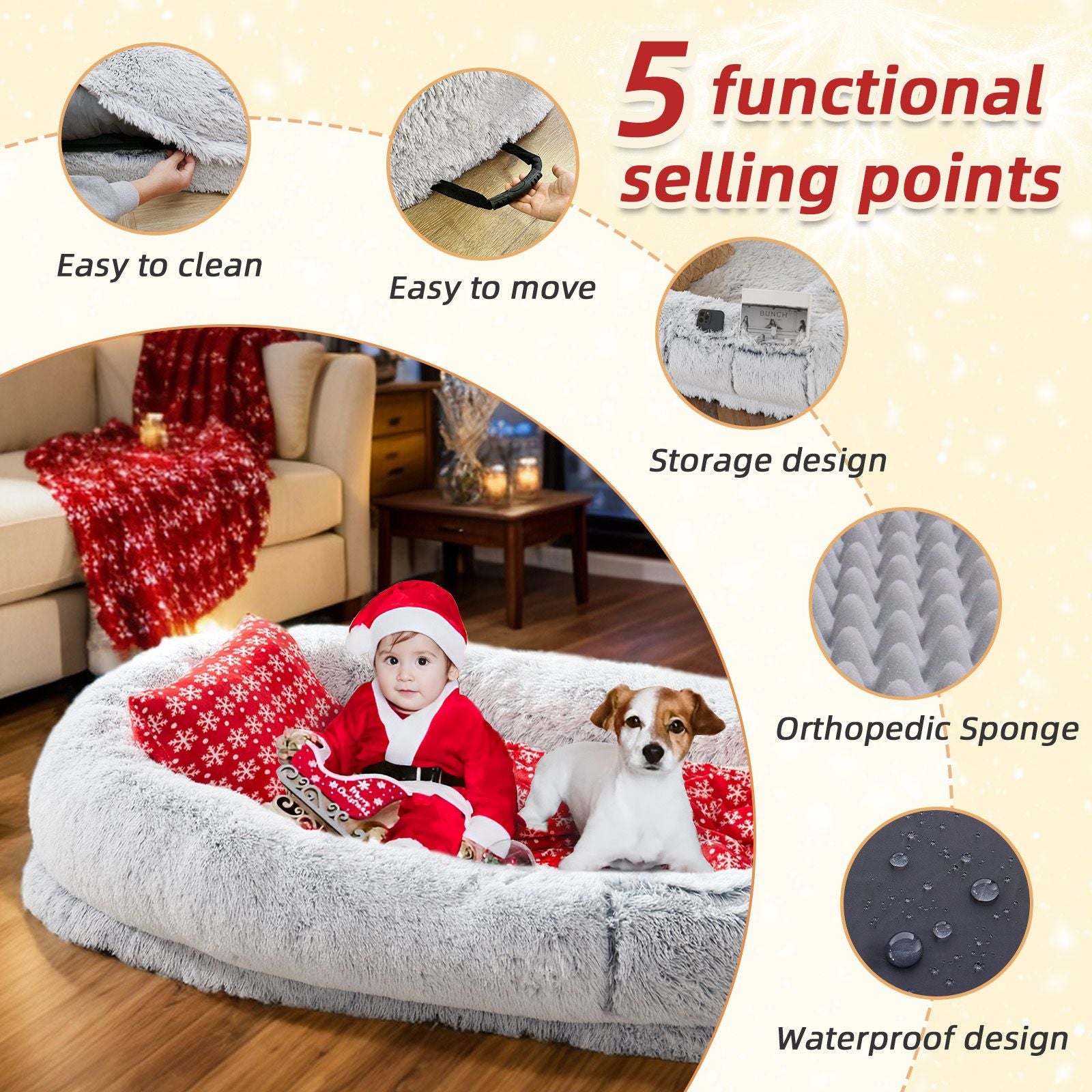 Human Dog Bed, Large Size Fits You and Pets, Washable Faux Fur Dog Bed for People Doze Off, Napping Orthopedic Dog Bed, Present Plump Pillow, Blanket, Strap