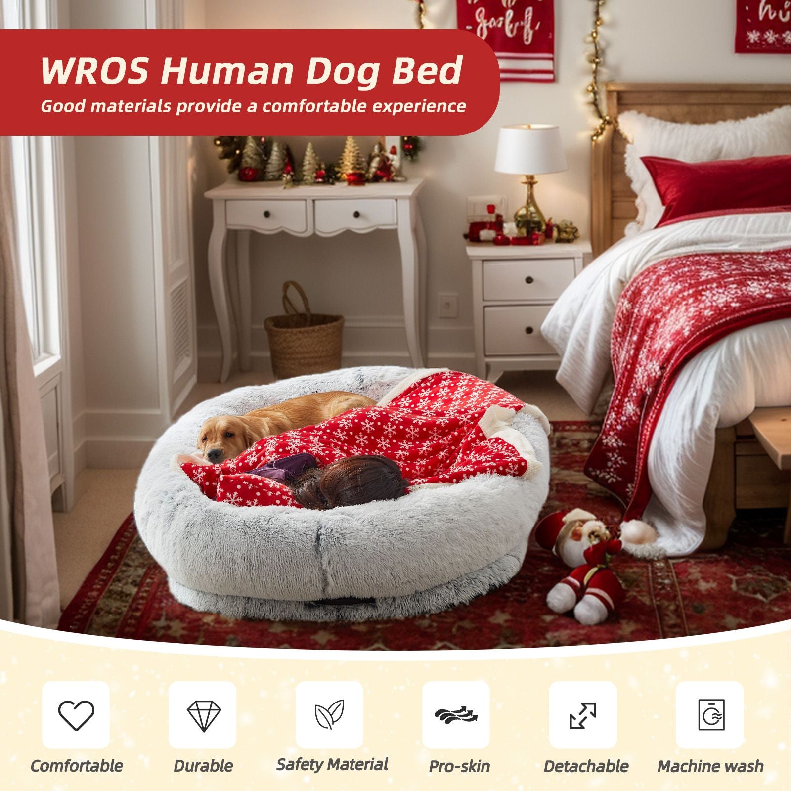 Human Dog Bed, Large Size Fits You and Pets, Washable Faux Fur Dog Bed for People Doze Off, Napping Orthopedic Dog Bed, Present Plump Pillow, Blanket, Strap