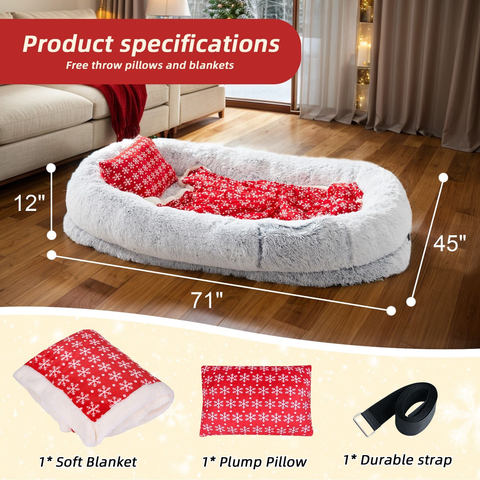Human Dog Bed, Large Size Fits You and Pets, Washable Faux Fur Dog Bed for People Doze Off, Napping Orthopedic Dog Bed, Present Plump Pillow, Blanket, Strap