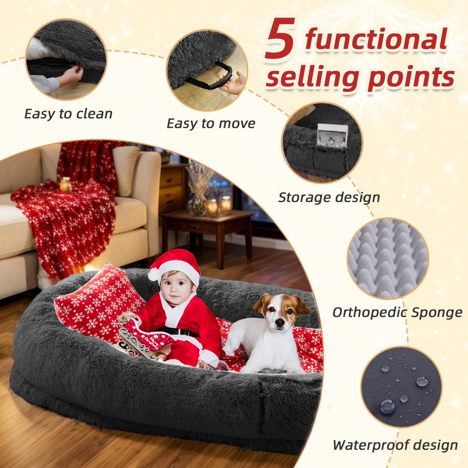 Human Dog Bed, Large Size Fits You and Pets, Washable Faux Fur Dog Bed for People Doze Off, Napping Orthopedic Dog Bed, Present Plump Pillow, Blanket, Strap