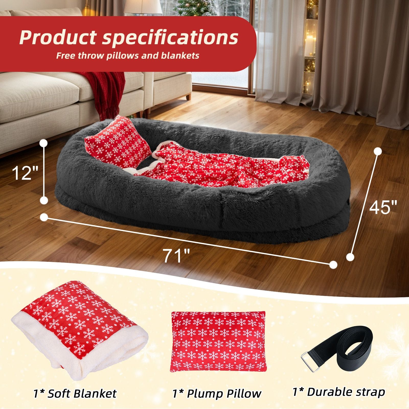 Human Dog Bed, Large Size Fits You and Pets, Washable Faux Fur Dog Bed for People Doze Off, Napping Orthopedic Dog Bed, Present Plump Pillow, Blanket, Strap