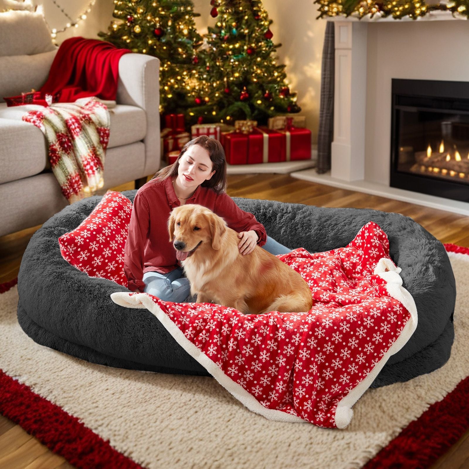 Human Dog Bed, Large Size Fits You and Pets, Washable Faux Fur Dog Bed for People Doze Off, Napping Orthopedic Dog Bed, Present Plump Pillow, Blanket, Strap