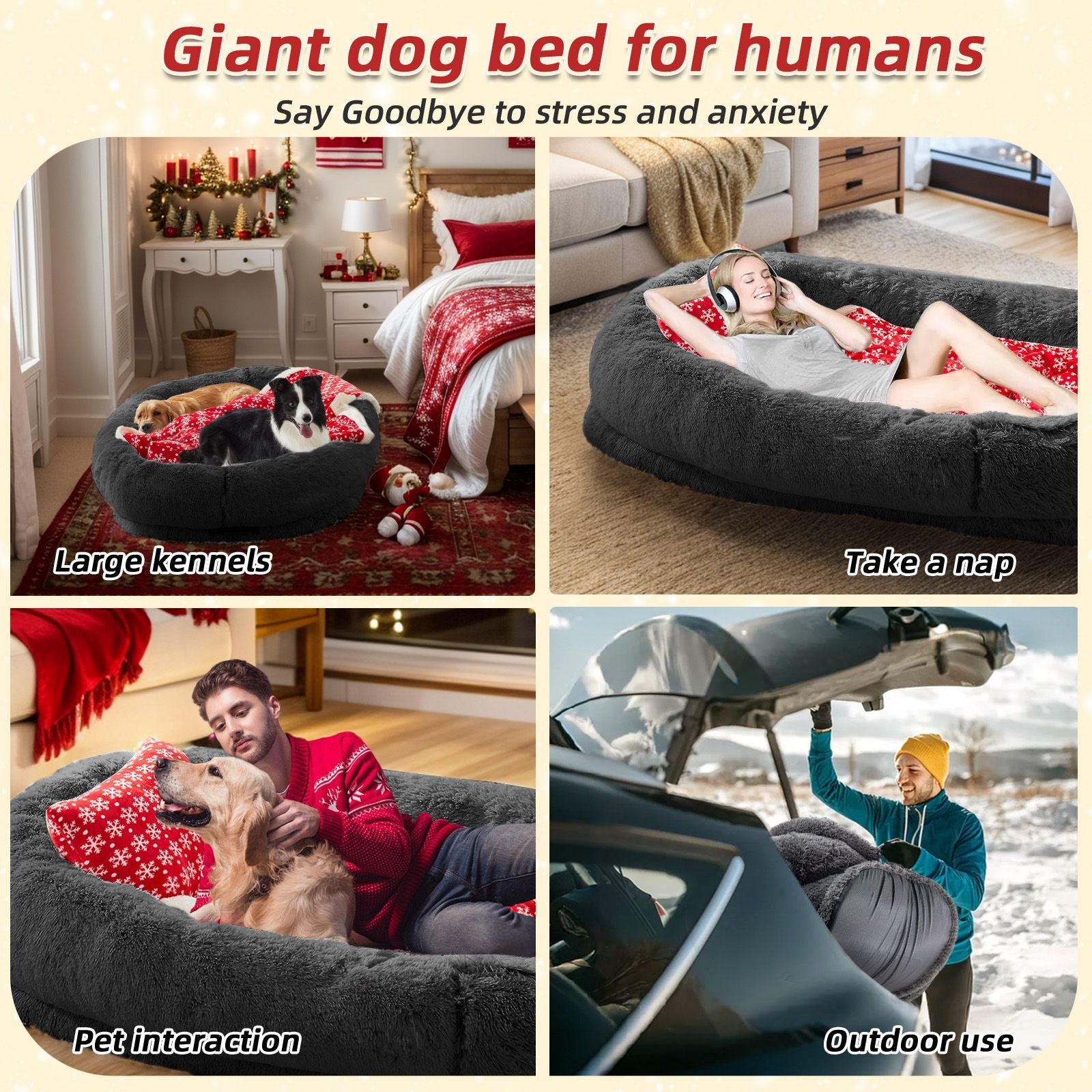 Human Dog Bed, Large Size Fits You and Pets, Washable Faux Fur Dog Bed for People Doze Off, Napping Orthopedic Dog Bed, Present Plump Pillow, Blanket, Strap