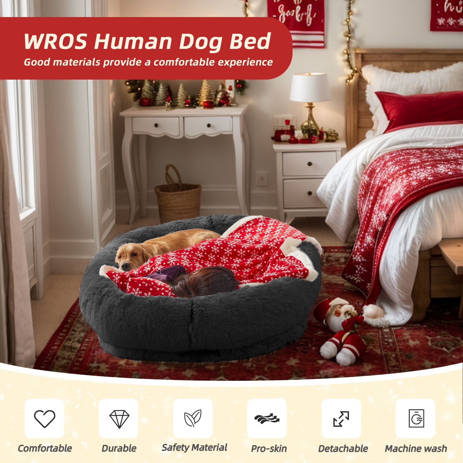 Human Dog Bed, Large Size Fits You and Pets, Washable Faux Fur Dog Bed for People Doze Off, Napping Orthopedic Dog Bed, Present Plump Pillow, Blanket, Strap