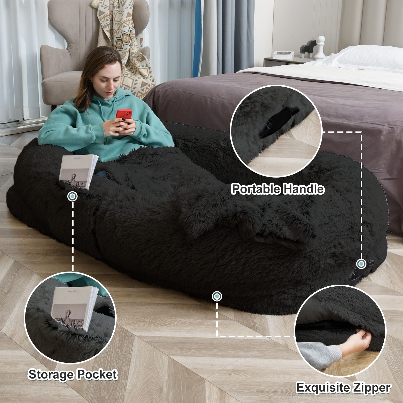 Human Dog Bed, Large Size Fits You and Pets, Washable Faux Fur Dog Bed for People Doze Off, Napping Orthopedic Dog Bed, Present Plump Pillow, Blanket, Strap