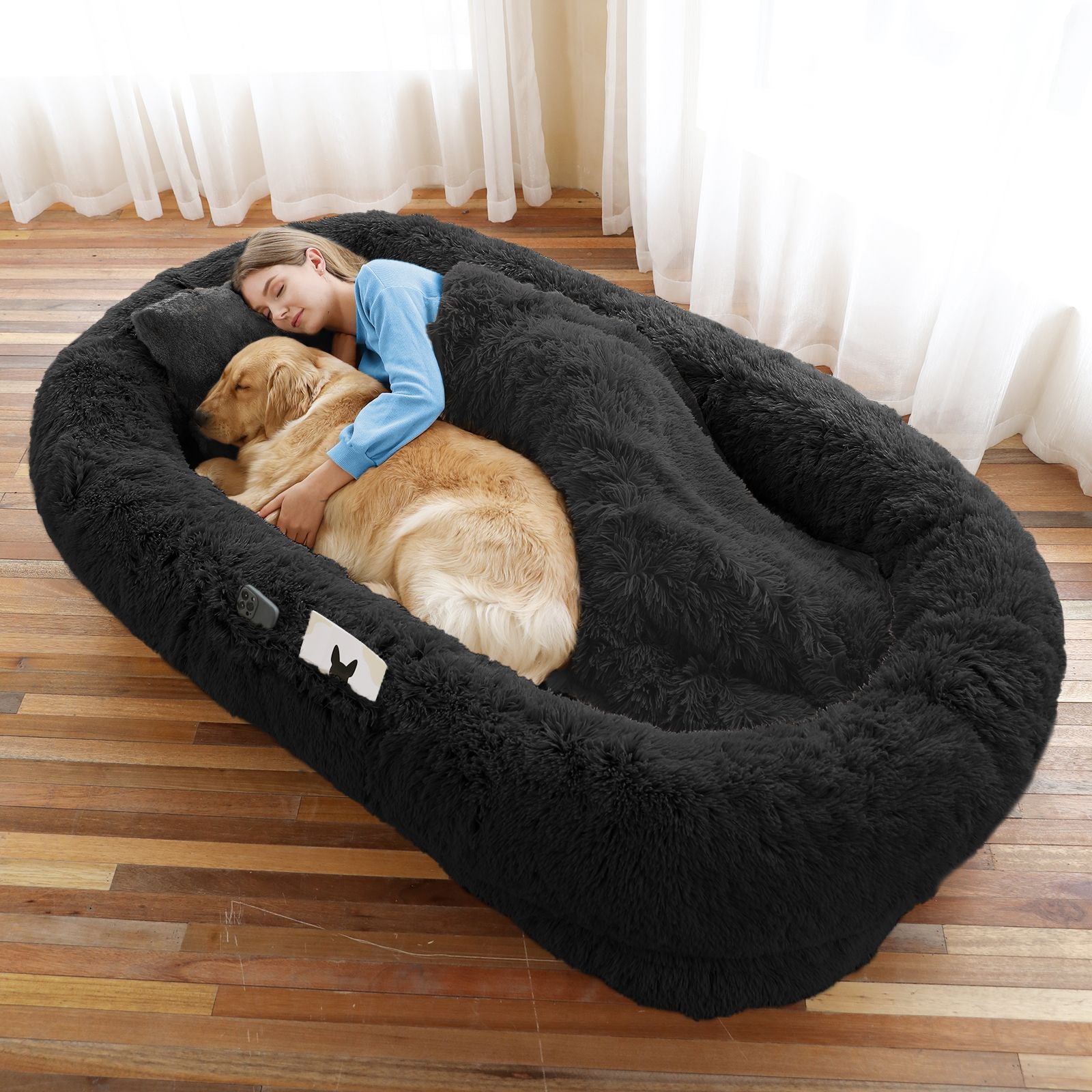 Human Dog Bed, Large Size Fits You and Pets, Washable Faux Fur Dog Bed for People Doze Off, Napping Orthopedic Dog Bed, Present Plump Pillow, Blanket, Strap