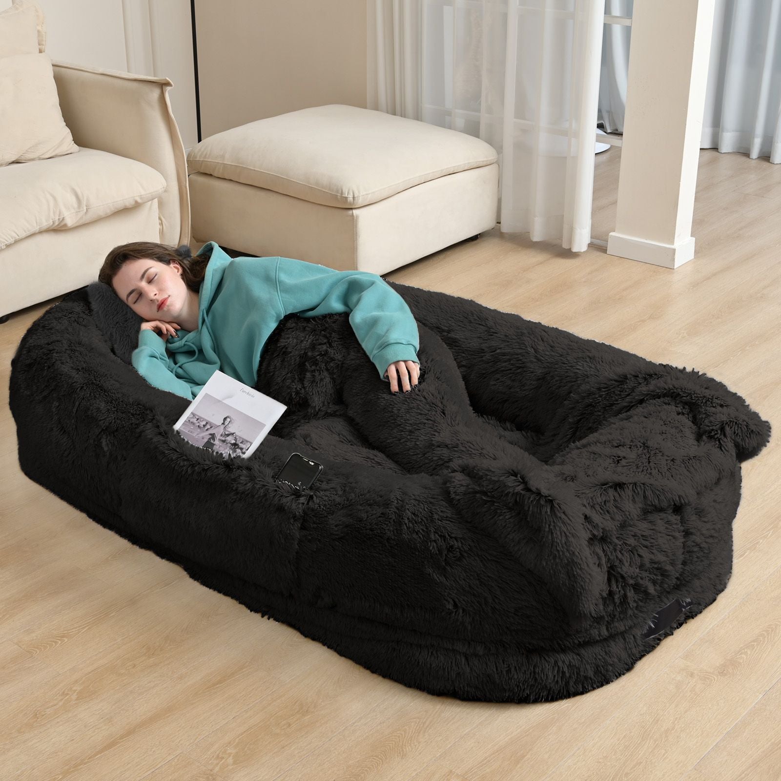Human Dog Bed, Large Size Fits You and Pets, Washable Faux Fur Dog Bed for People Doze Off, Napping Orthopedic Dog Bed, Present Plump Pillow, Blanket, Strap