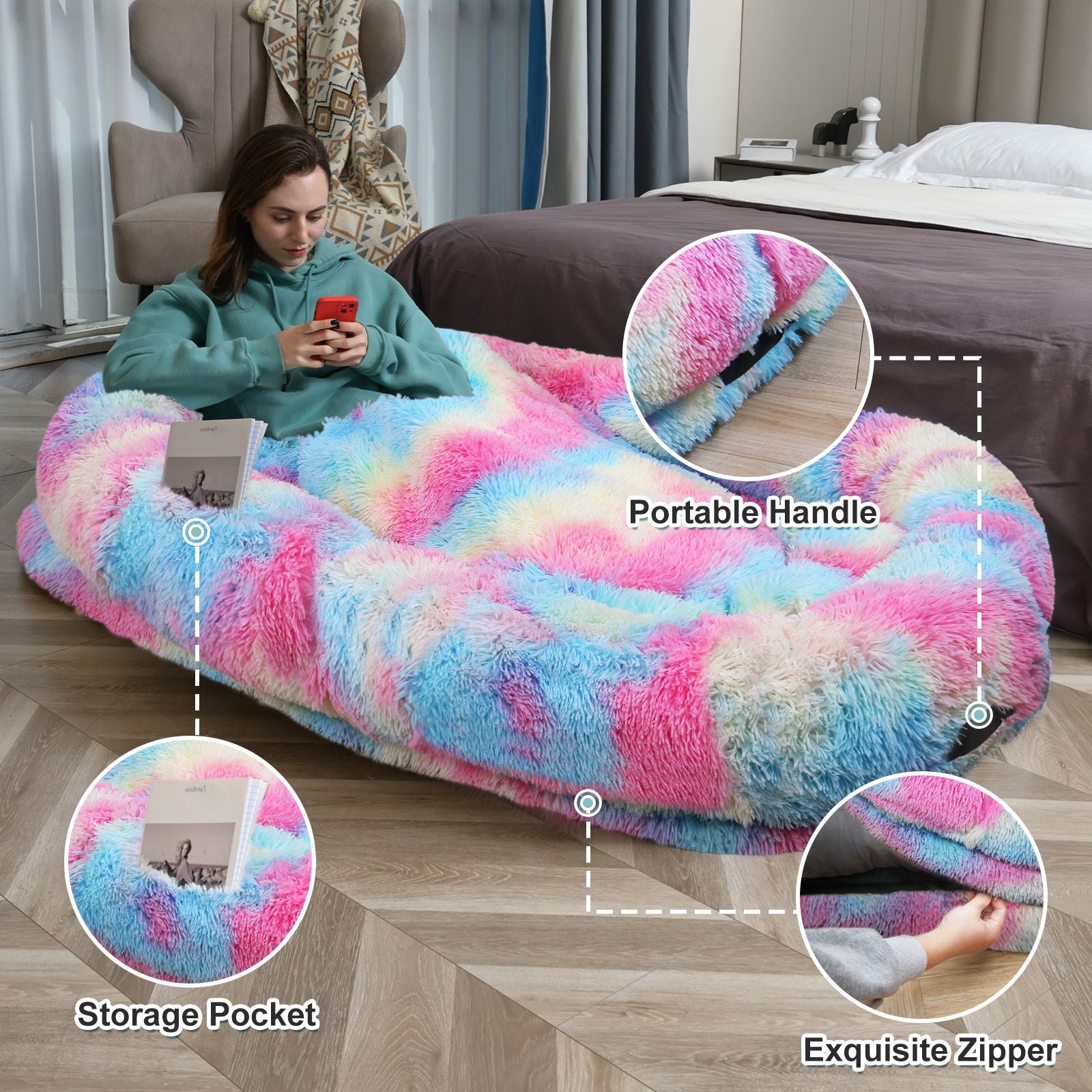 Human Dog Bed, Large Size Fits You and Pets, Washable Faux Fur Dog Bed for People Doze Off, Napping Orthopedic Dog Bed, Present Plump Pillow, Blanket, Strap