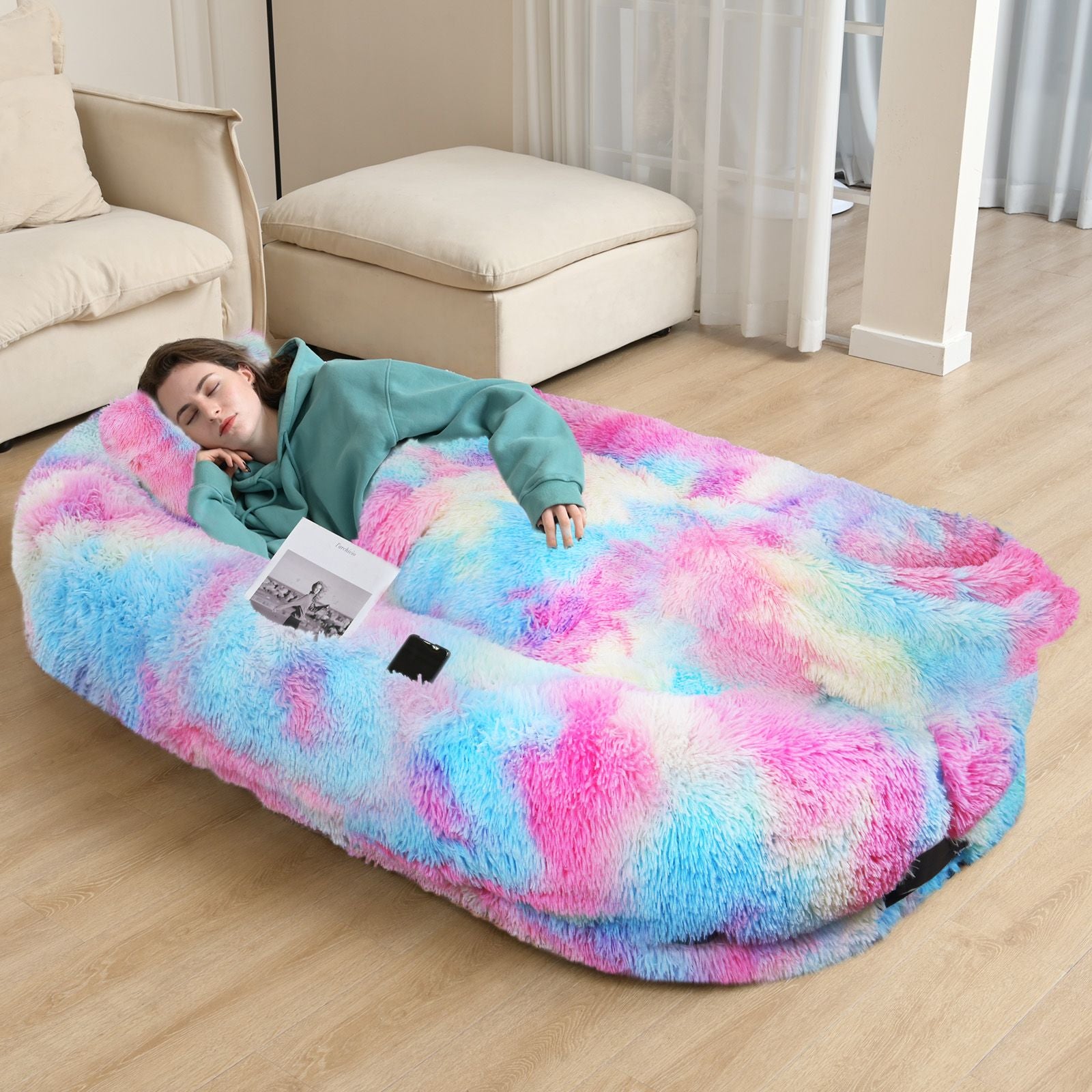 Human Dog Bed, Large Size Fits You and Pets, Washable Faux Fur Dog Bed for People Doze Off, Napping Orthopedic Dog Bed, Present Plump Pillow, Blanket, Strap