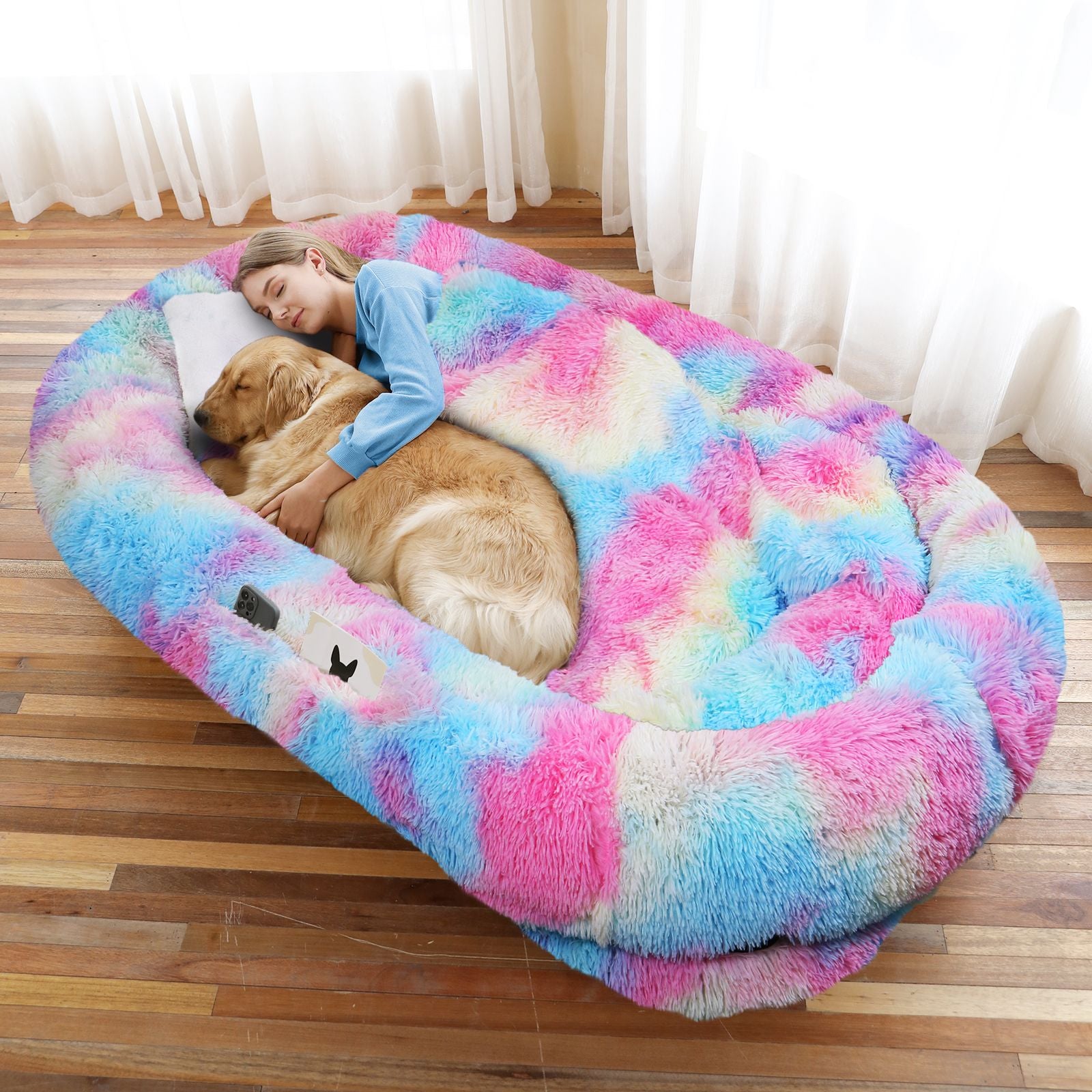 Human Dog Bed, Large Size Fits You and Pets, Washable Faux Fur Dog Bed for People Doze Off, Napping Orthopedic Dog Bed, Present Plump Pillow, Blanket, Strap
