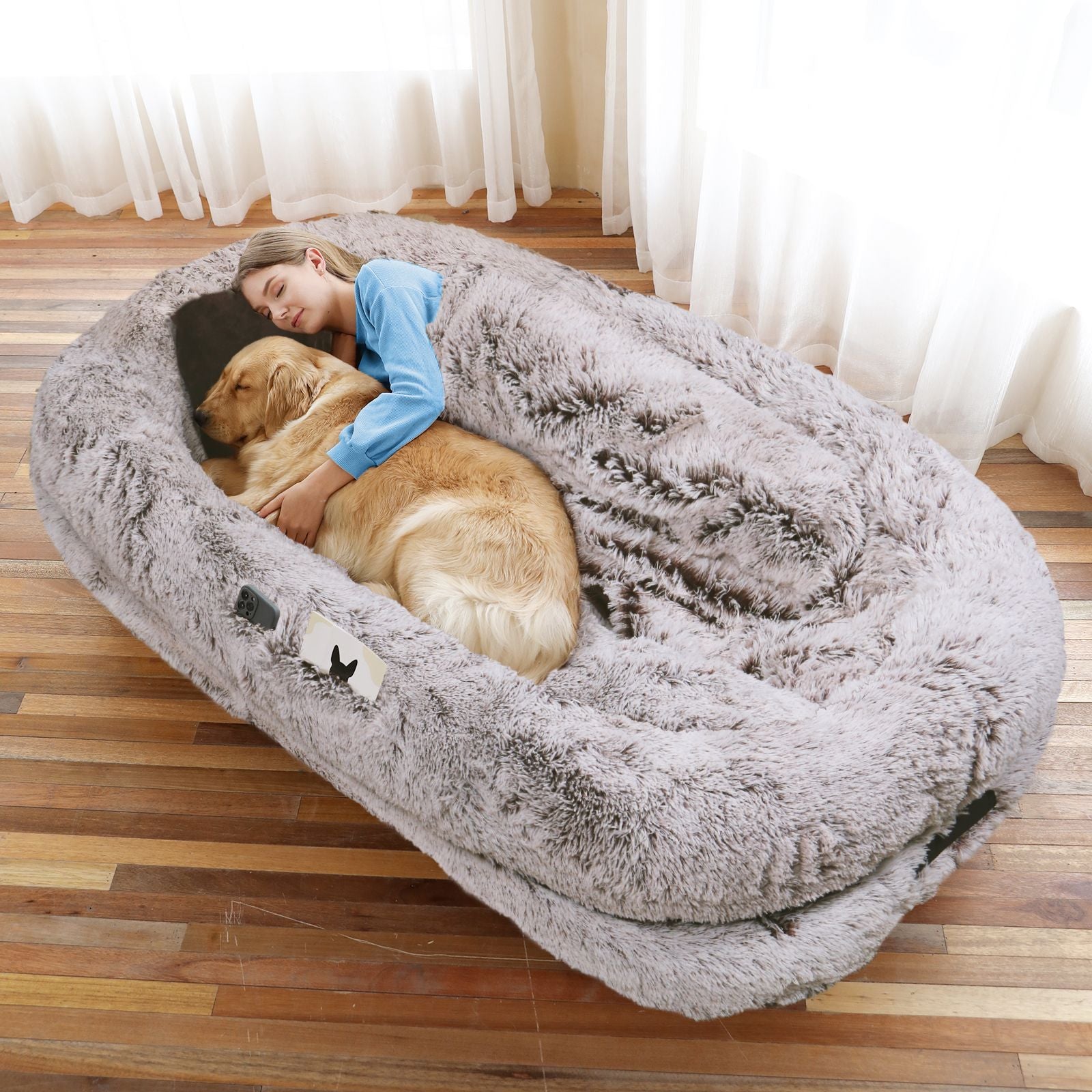 Human Dog Bed, Large Size Fits You and Pets, Washable Faux Fur Dog Bed for People Doze Off, Napping Orthopedic Dog Bed, Present Plump Pillow, Blanket, Strap