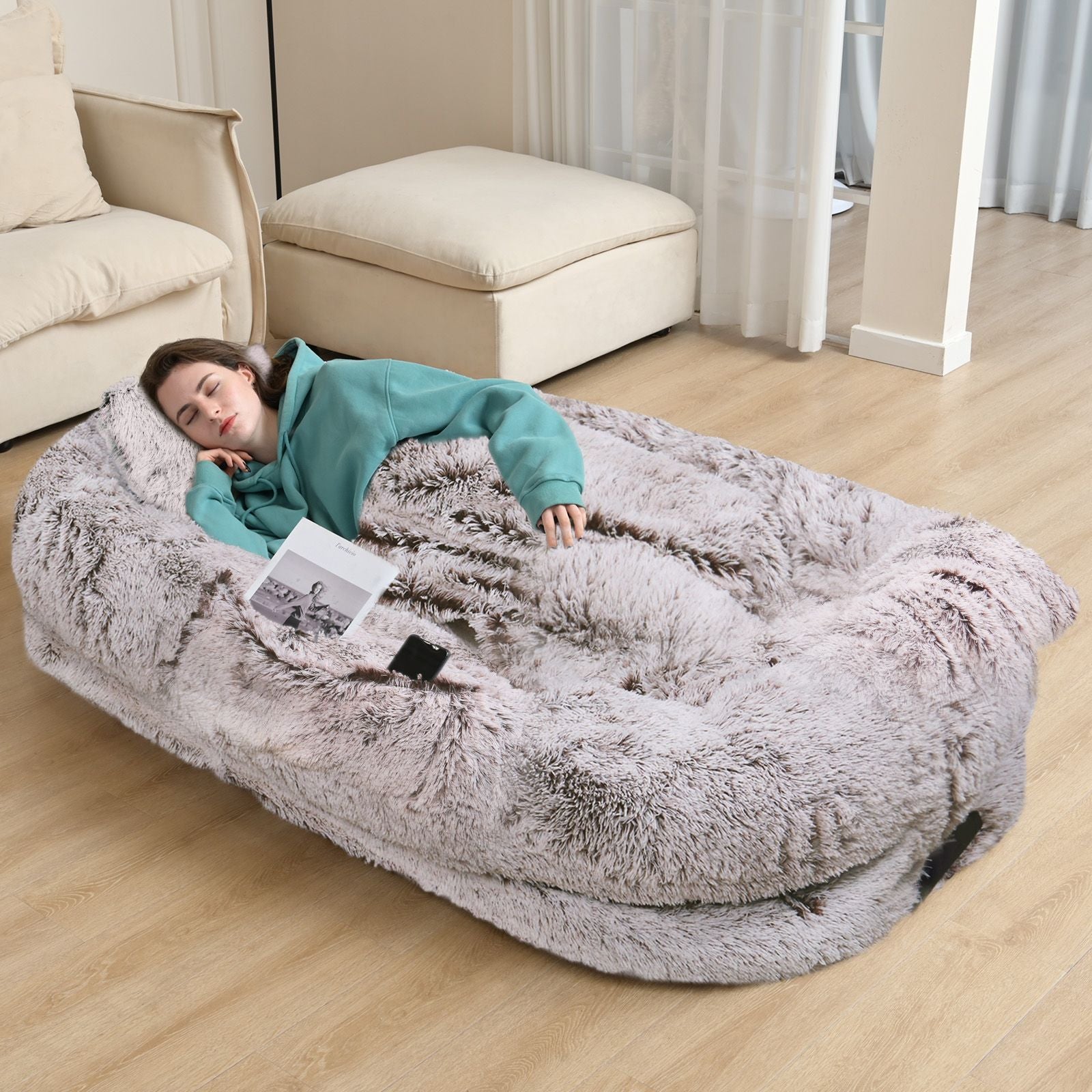 Human Dog Bed, Large Size Fits You and Pets, Washable Faux Fur Dog Bed for People Doze Off, Napping Orthopedic Dog Bed, Present Plump Pillow, Blanket, Strap
