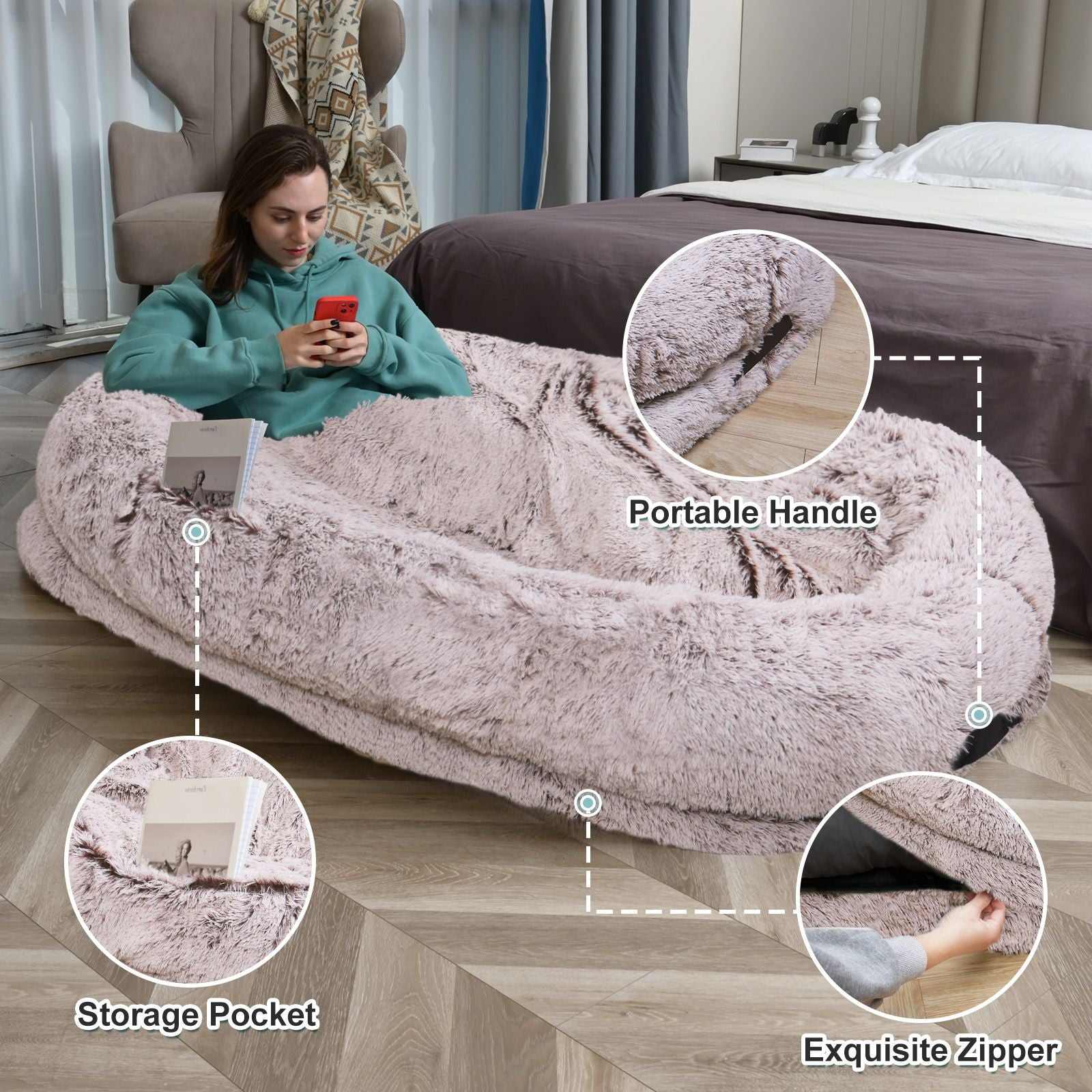 Human Dog Bed, Large Size Fits You and Pets, Washable Faux Fur Dog Bed for People Doze Off, Napping Orthopedic Dog Bed, Present Plump Pillow, Blanket, Strap