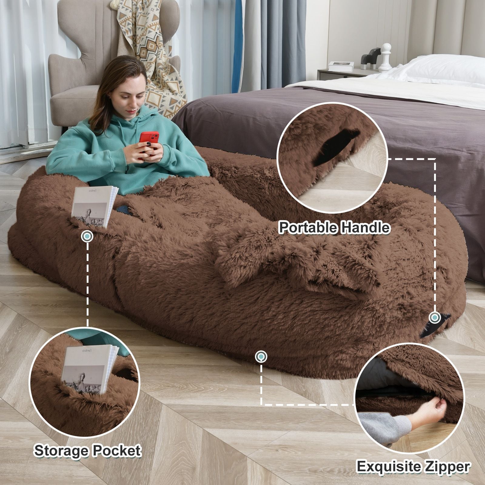 Human Dog Bed, Large Size Fits You and Pets, Washable Faux Fur Dog Bed for People Doze Off, Napping Orthopedic Dog Bed, Present Plump Pillow, Blanket, Strap