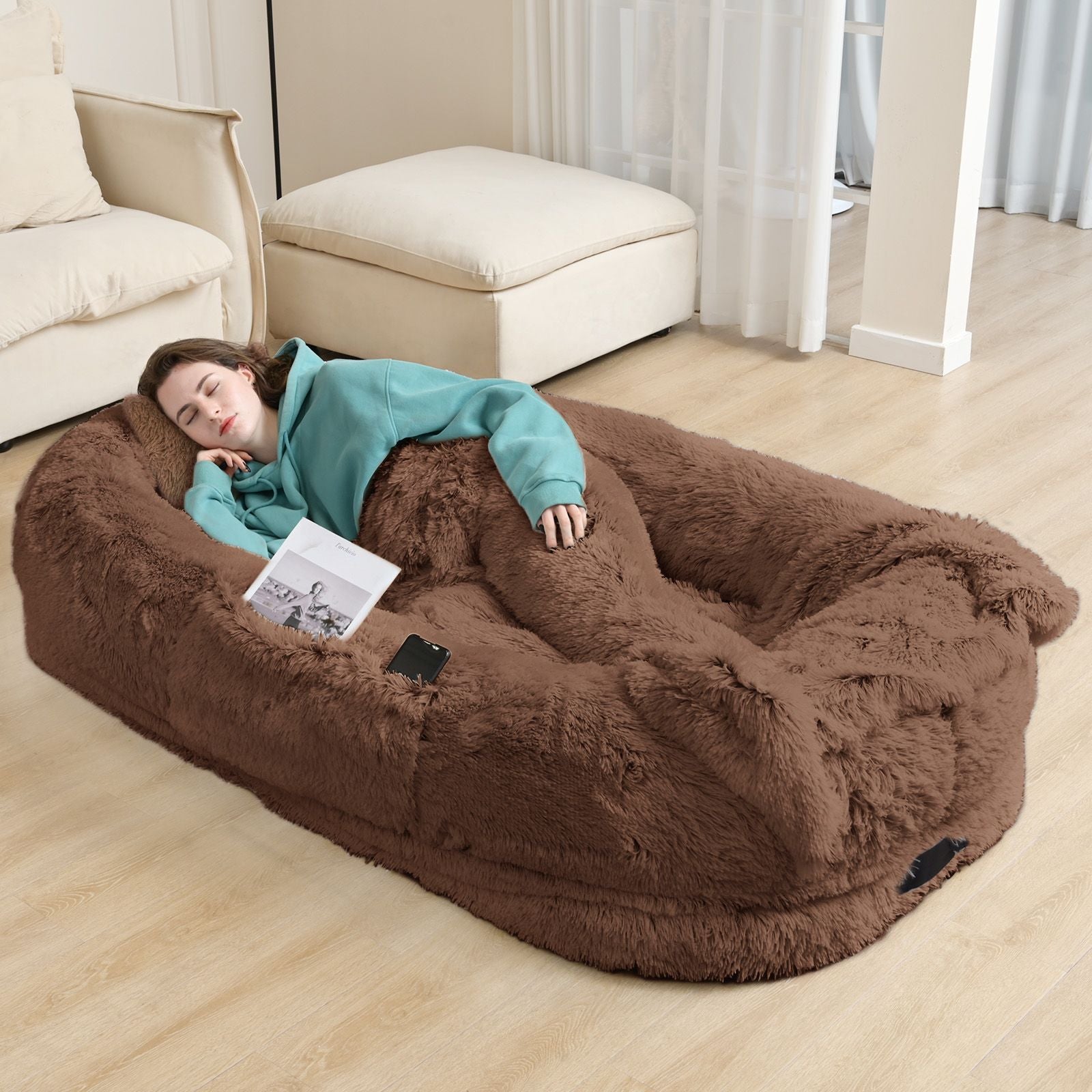 Human Dog Bed, Large Size Fits You and Pets, Washable Faux Fur Dog Bed for People Doze Off, Napping Orthopedic Dog Bed, Present Plump Pillow, Blanket, Strap
