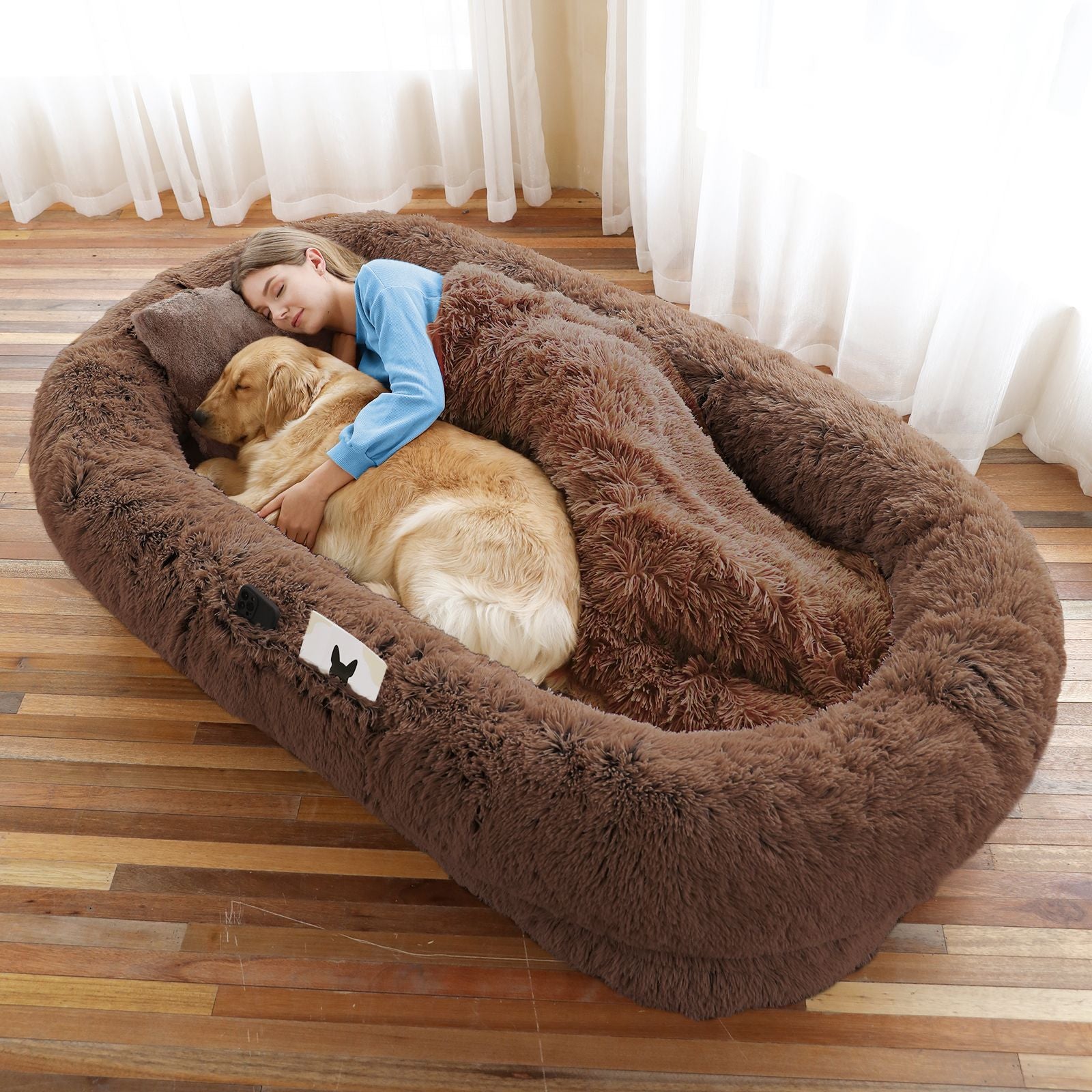 Human Dog Bed, Large Size Fits You and Pets, Washable Faux Fur Dog Bed for People Doze Off, Napping Orthopedic Dog Bed, Present Plump Pillow, Blanket, Strap