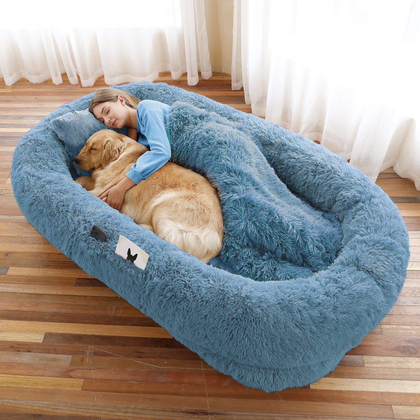 Human Dog Bed, Large Size Fits You and Pets, Washable Faux Fur Dog Bed for People Doze Off, Napping Orthopedic Dog Bed, Present Plump Pillow, Blanket, Strap