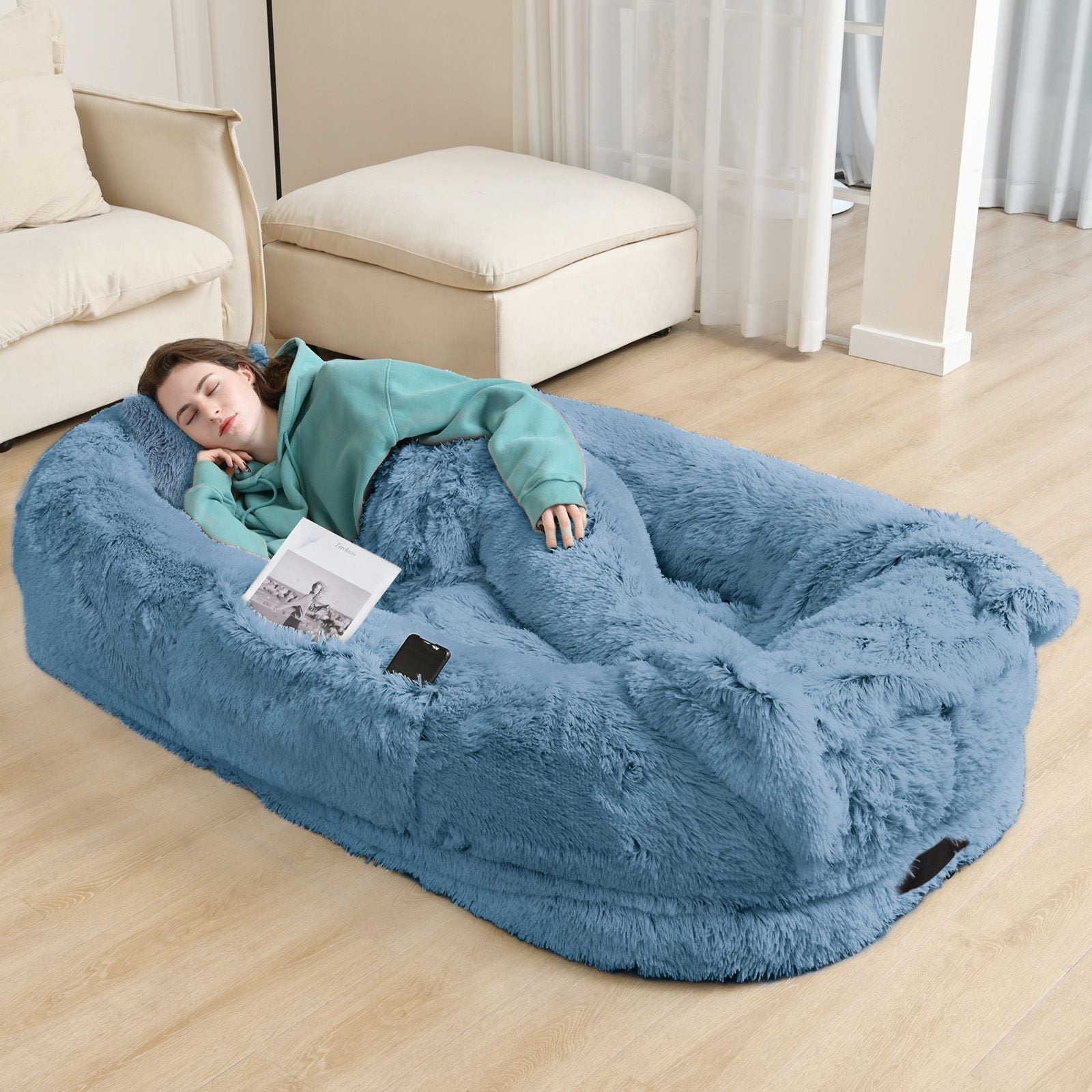 Human Dog Bed, Large Size Fits You and Pets, Washable Faux Fur Dog Bed for People Doze Off, Napping Orthopedic Dog Bed, Present Plump Pillow, Blanket, Strap