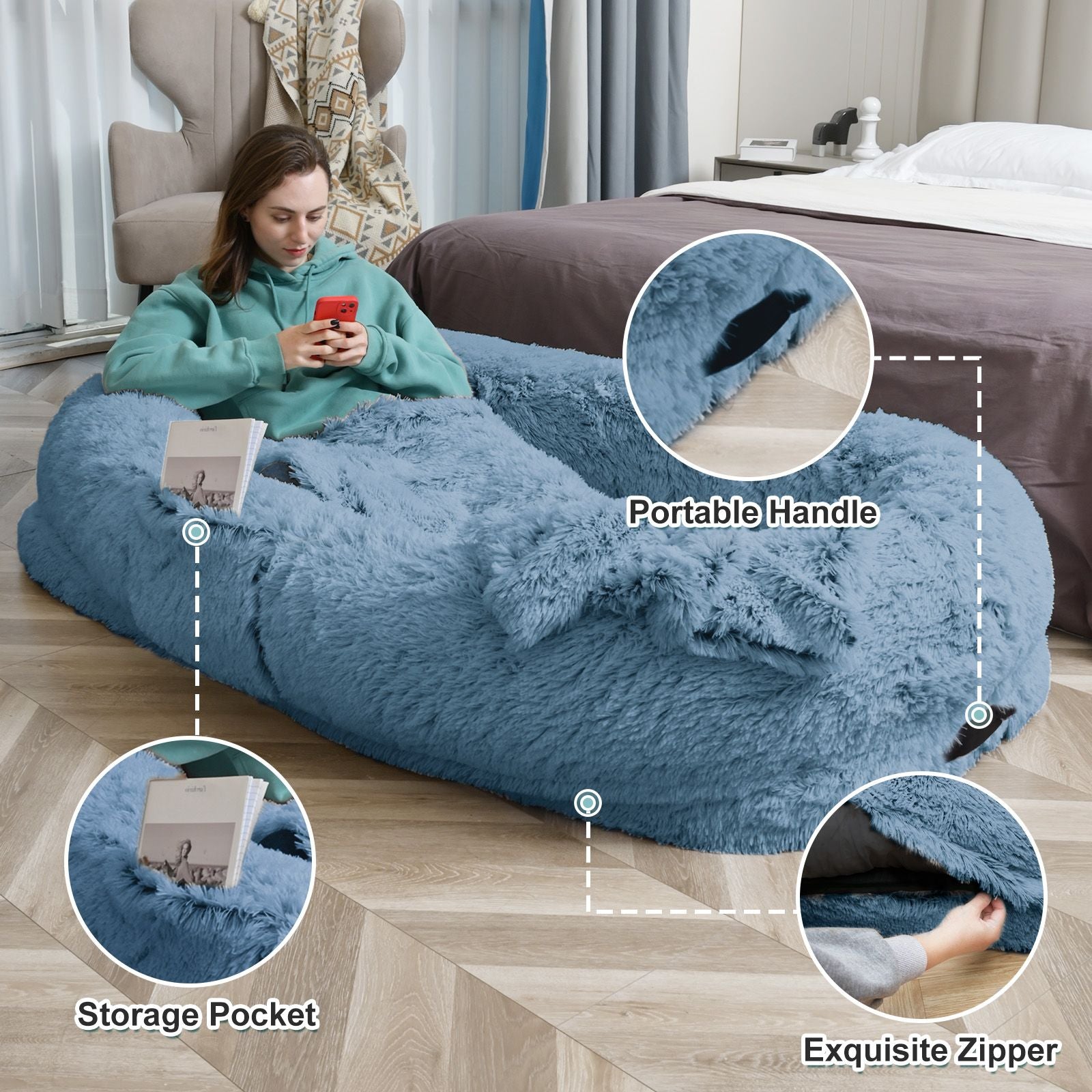 Human Dog Bed, Large Size Fits You and Pets, Washable Faux Fur Dog Bed for People Doze Off, Napping Orthopedic Dog Bed, Present Plump Pillow, Blanket, Strap