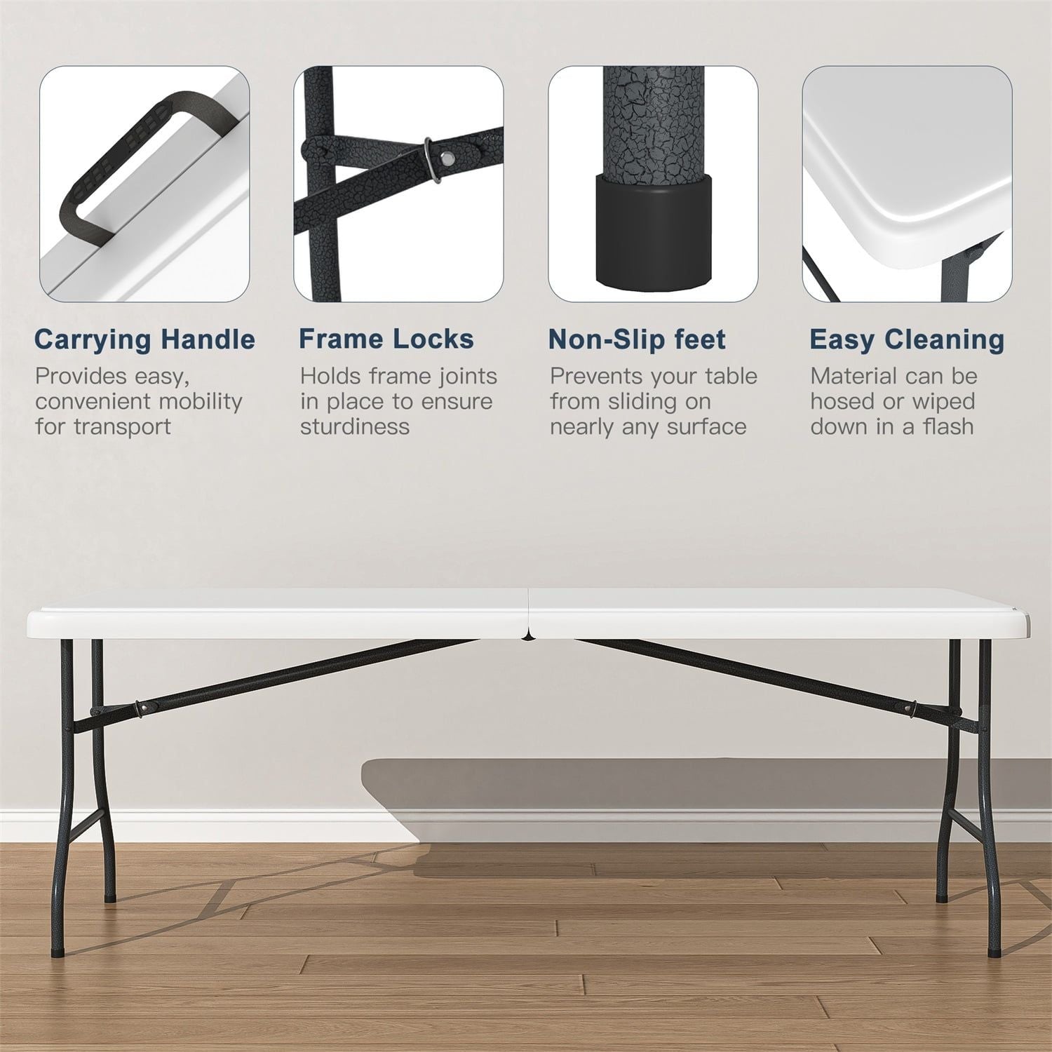 6ft Plastic FoldingTable,Portable Collapsible Table Outdoor Foldable Picnic Table for, Party, Hiking, Patio,Banquet, Wedding,Camping,with Lock,Handle, White