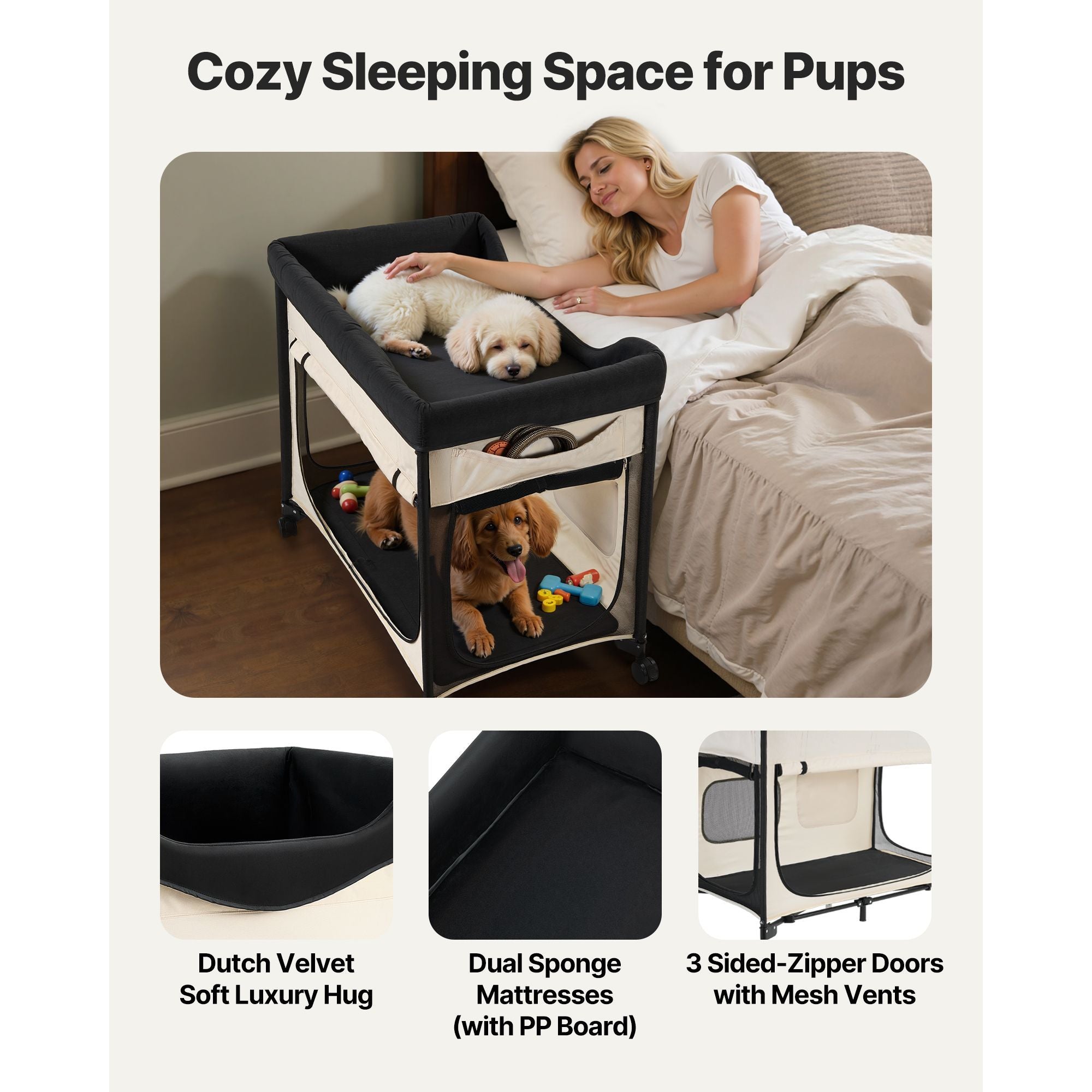 Elevated Lounge Pet Bed, Foldable Bunk Dog Bed with 600D Oxford Cloth and Dutch Velvet, Portable Raised Cot with Wheels, Side Storage Bags, and Carry Bag for Cats & Dogs, XL, Beige