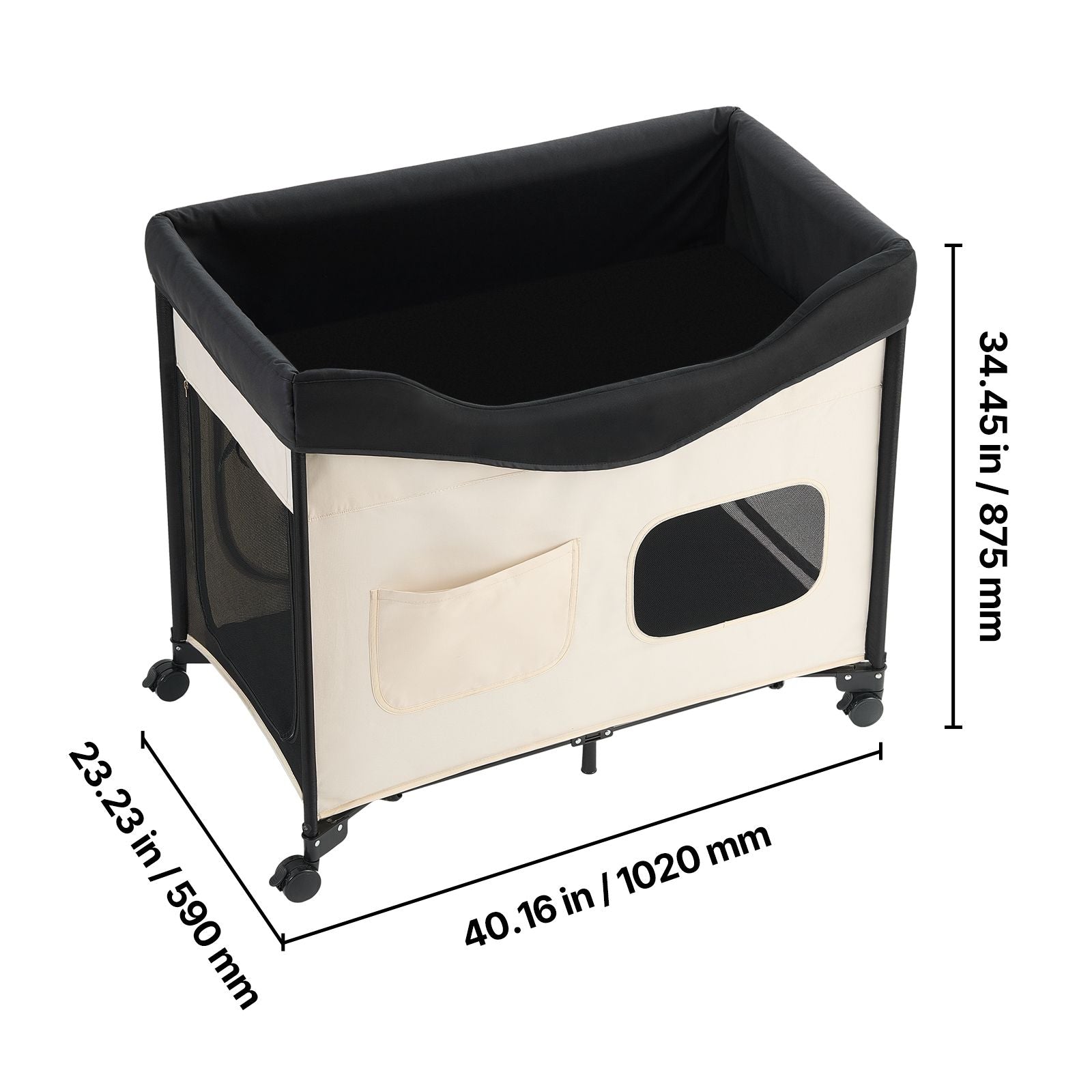 Elevated Lounge Pet Bed, Foldable Bunk Dog Bed with 600D Oxford Cloth and Dutch Velvet, Portable Raised Cot with Wheels, Side Storage Bags, and Carry Bag for Cats & Dogs, XL, Beige