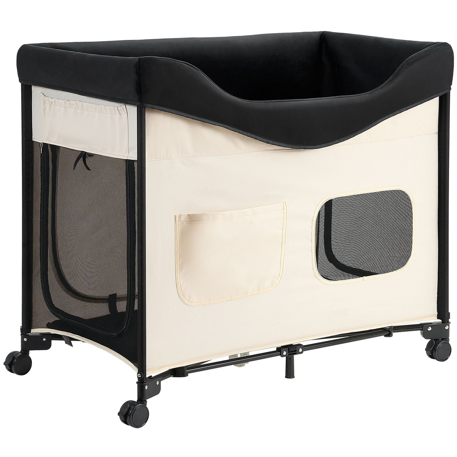 Elevated Lounge Pet Bed, Foldable Bunk Dog Bed with 600D Oxford Cloth and Dutch Velvet, Portable Raised Cot with Wheels, Side Storage Bags, and Carry Bag for Cats & Dogs, XL, Beige