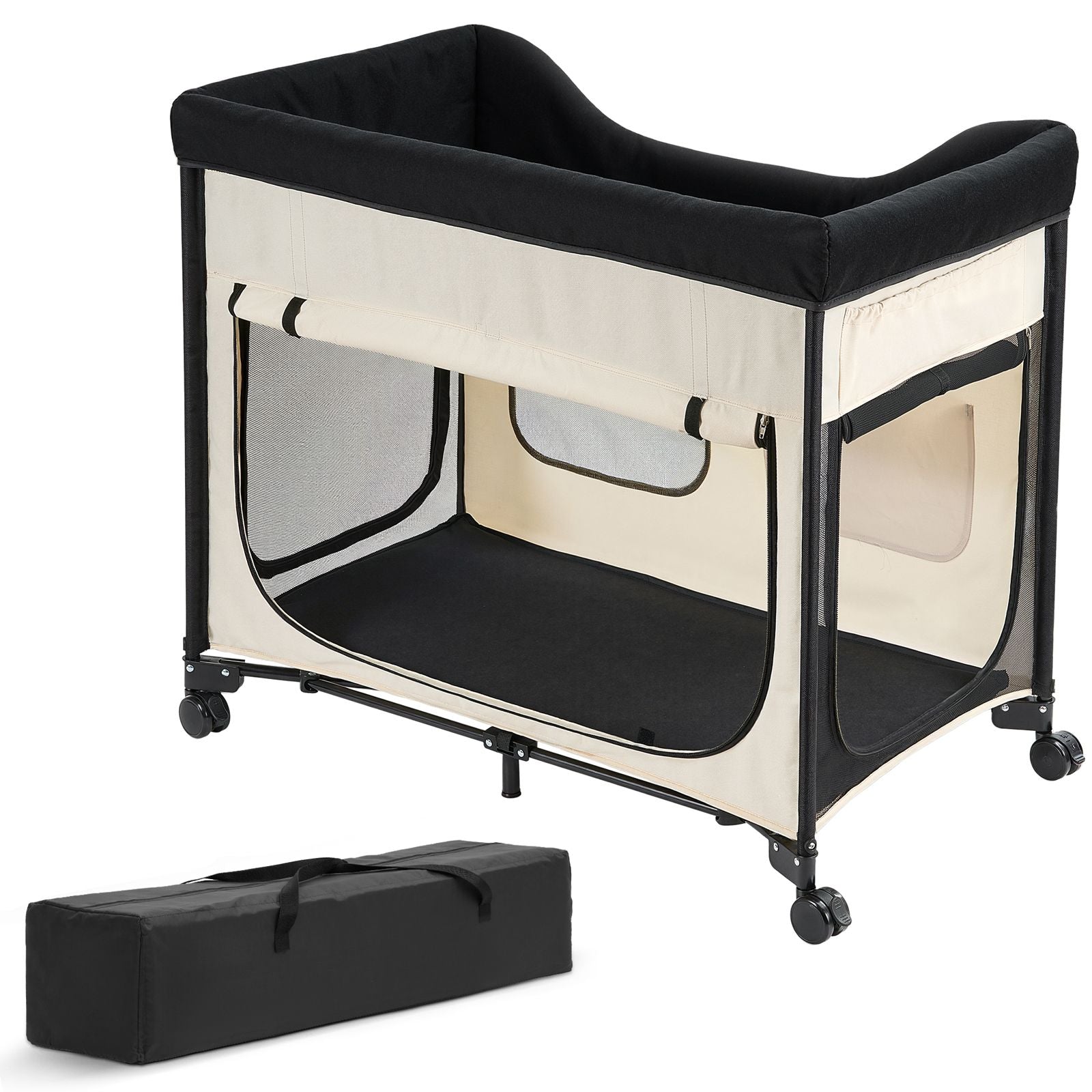 Elevated Lounge Pet Bed, Foldable Bunk Dog Bed with 600D Oxford Cloth and Dutch Velvet, Portable Raised Cot with Wheels, Side Storage Bags, and Carry Bag for Cats & Dogs, XL, Beige