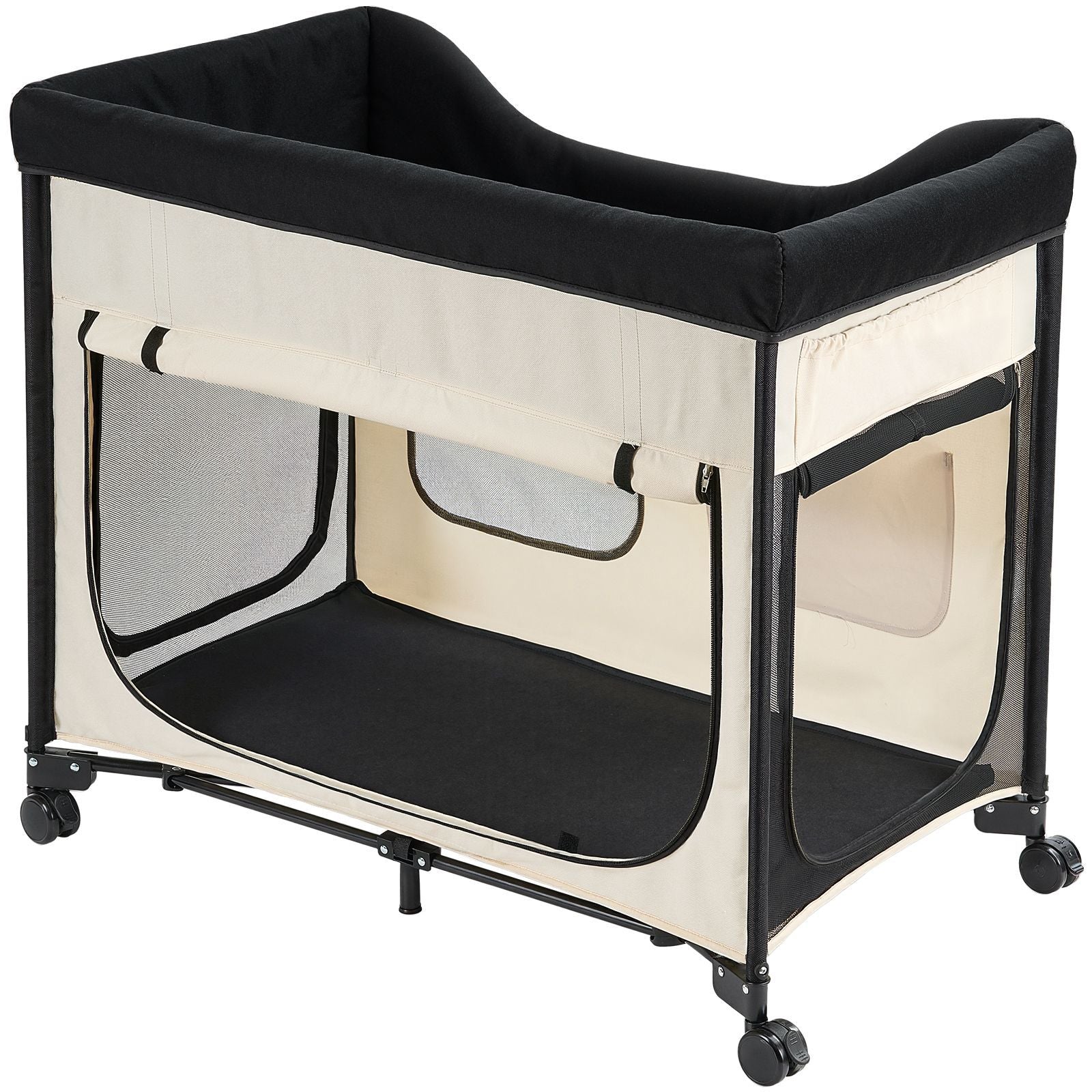 Elevated Lounge Pet Bed, Foldable Bunk Dog Bed with 600D Oxford Cloth and Dutch Velvet, Portable Raised Cot with Wheels, Side Storage Bags, and Carry Bag for Cats & Dogs, XL, Beige