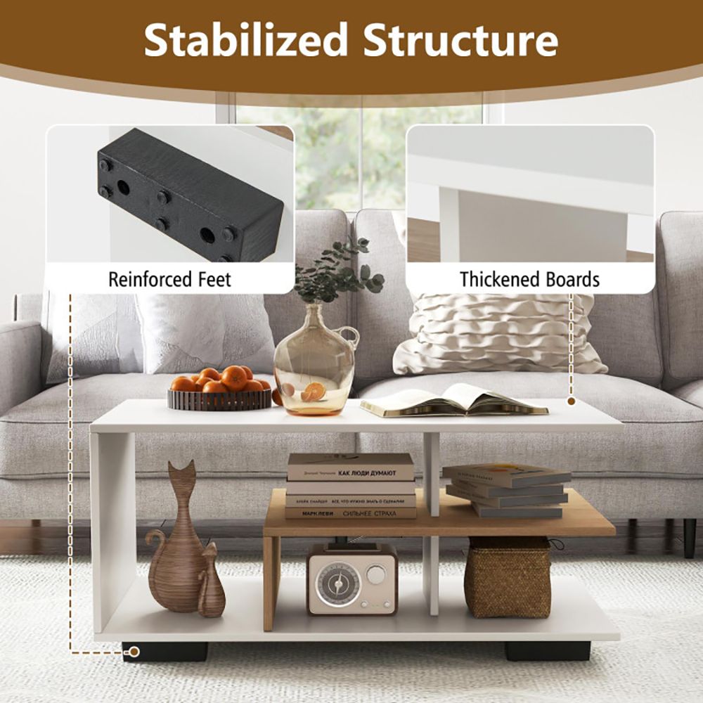 Rectangular Coffee Table with L-shaped Middle Shelf