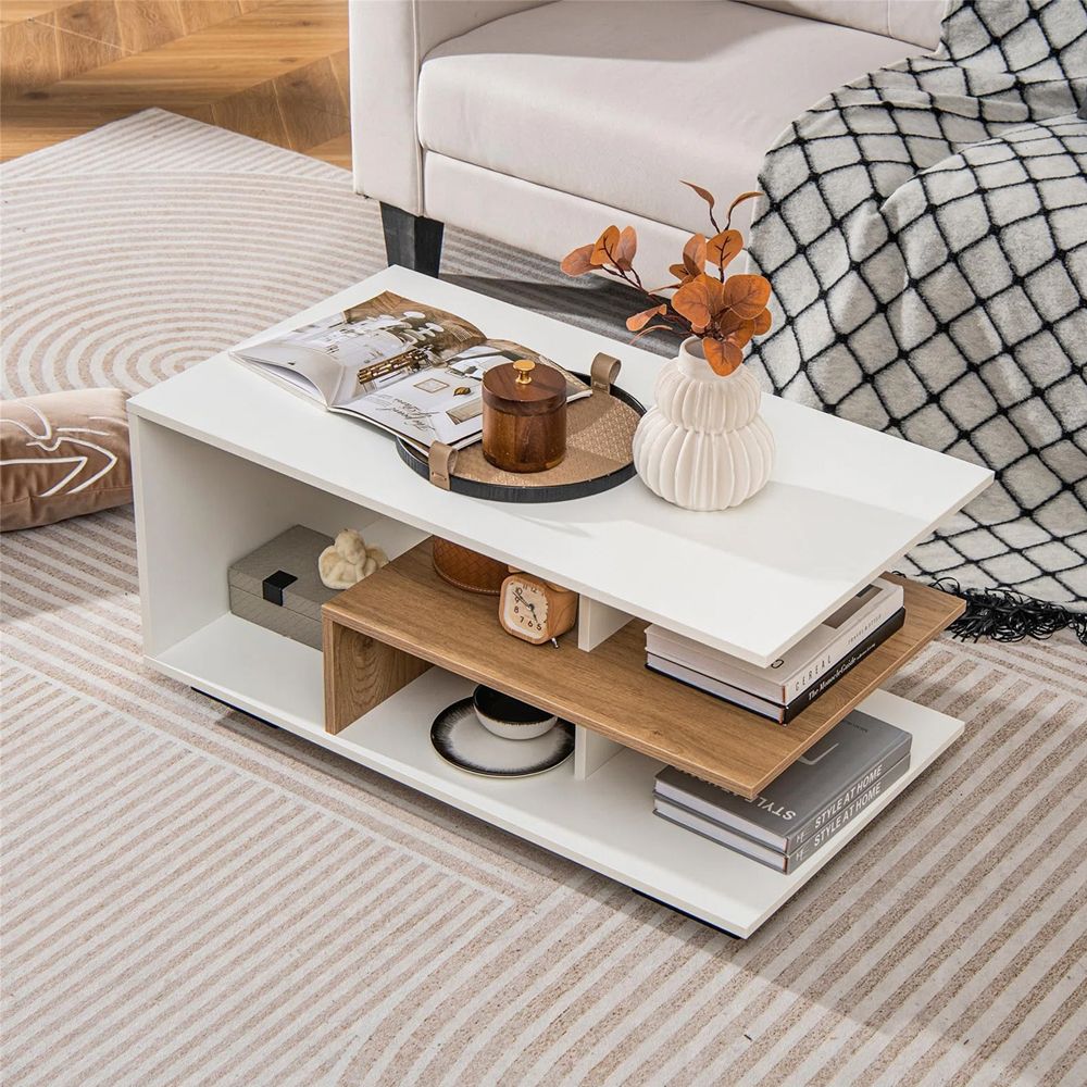 Rectangular Coffee Table with L-shaped Middle Shelf
