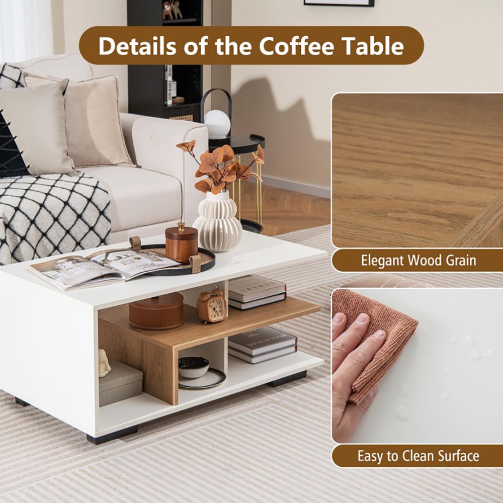 Rectangular Coffee Table with L-shaped Middle Shelf