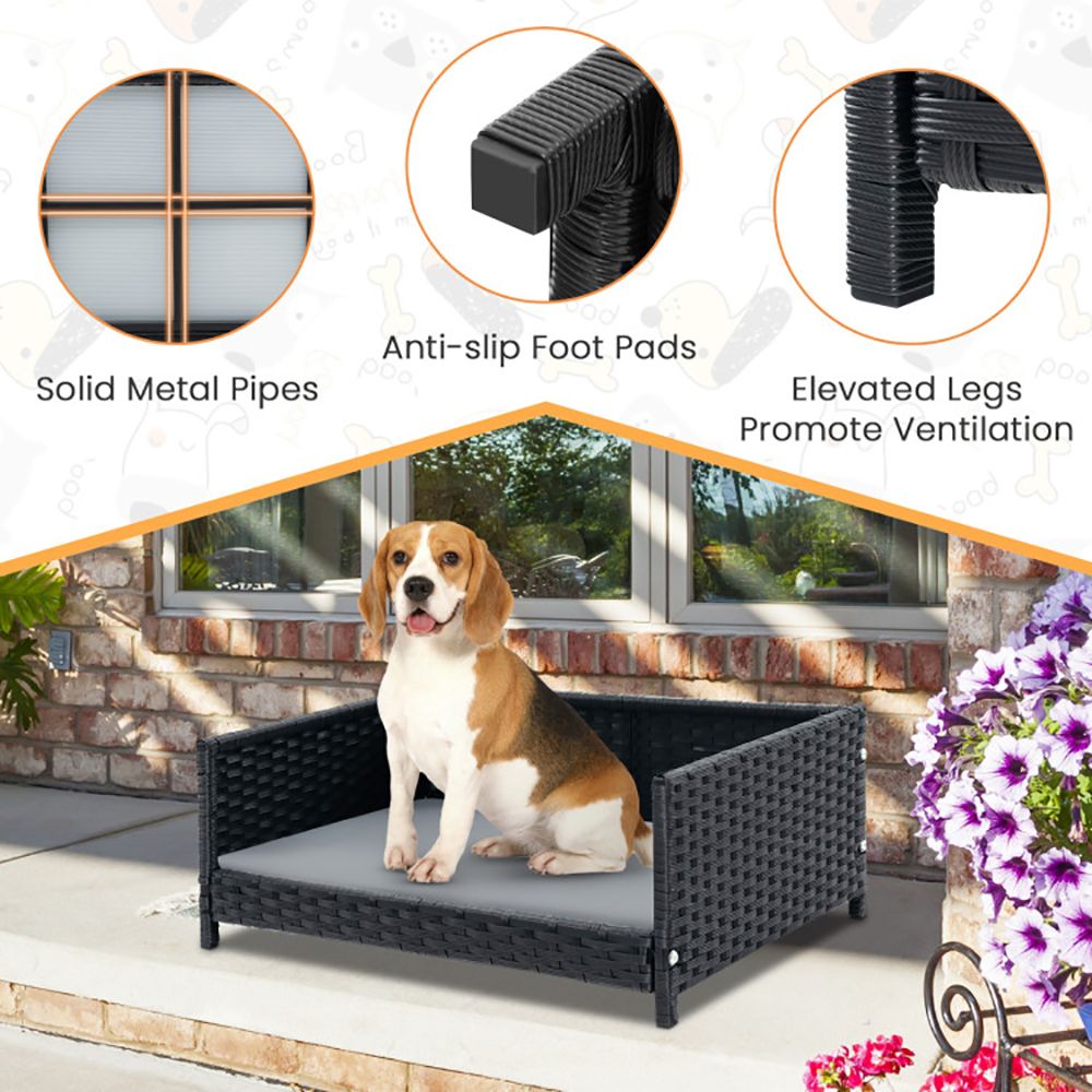 Rattan Dog Bed with Waterproof Soft Cushion for Medium Small Dogs Cats