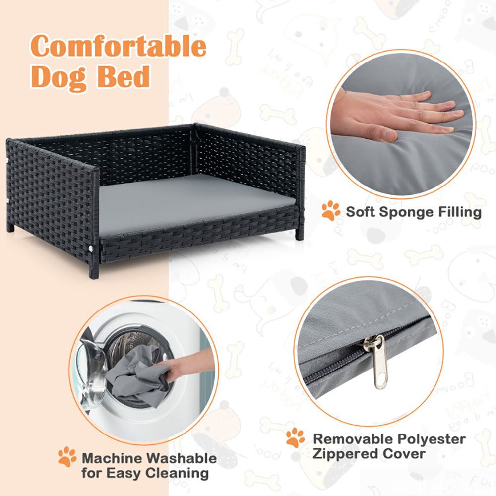 Rattan Dog Bed with Waterproof Soft Cushion for Medium Small Dogs Cats