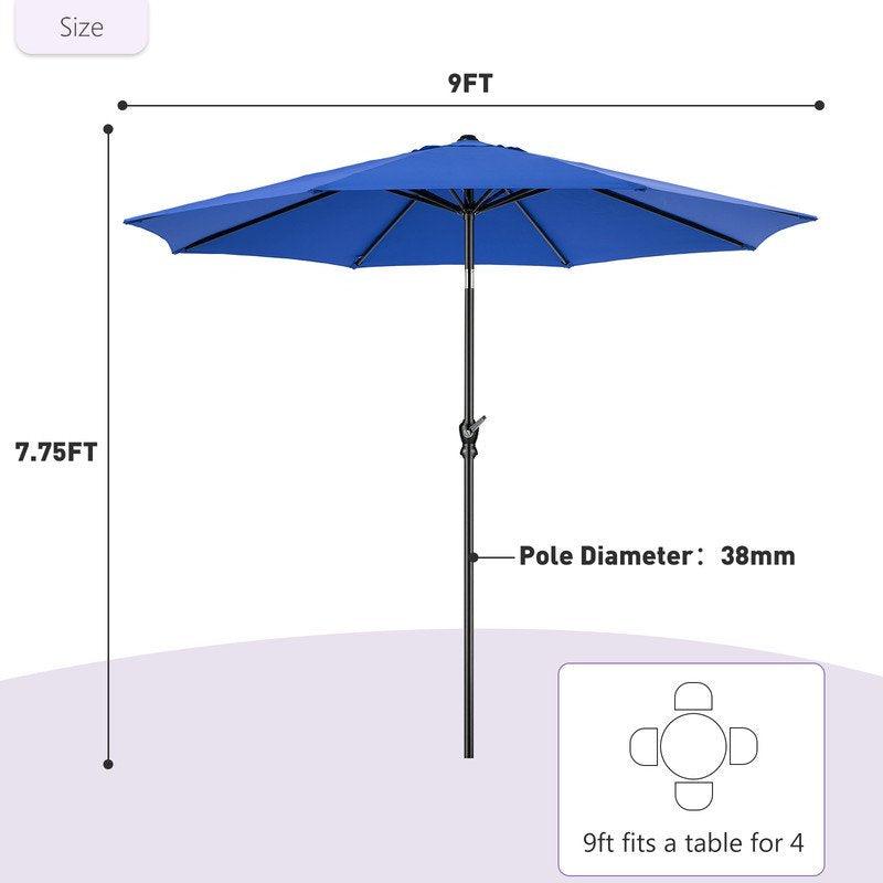 9FT Outdoor Patio Umbrella Outdoor Table Umbrella with Push Button Tilt and Crank, Market Umbrella 8 Sturdy Ribs UV Protection Waterproof for Garden, Blue-New