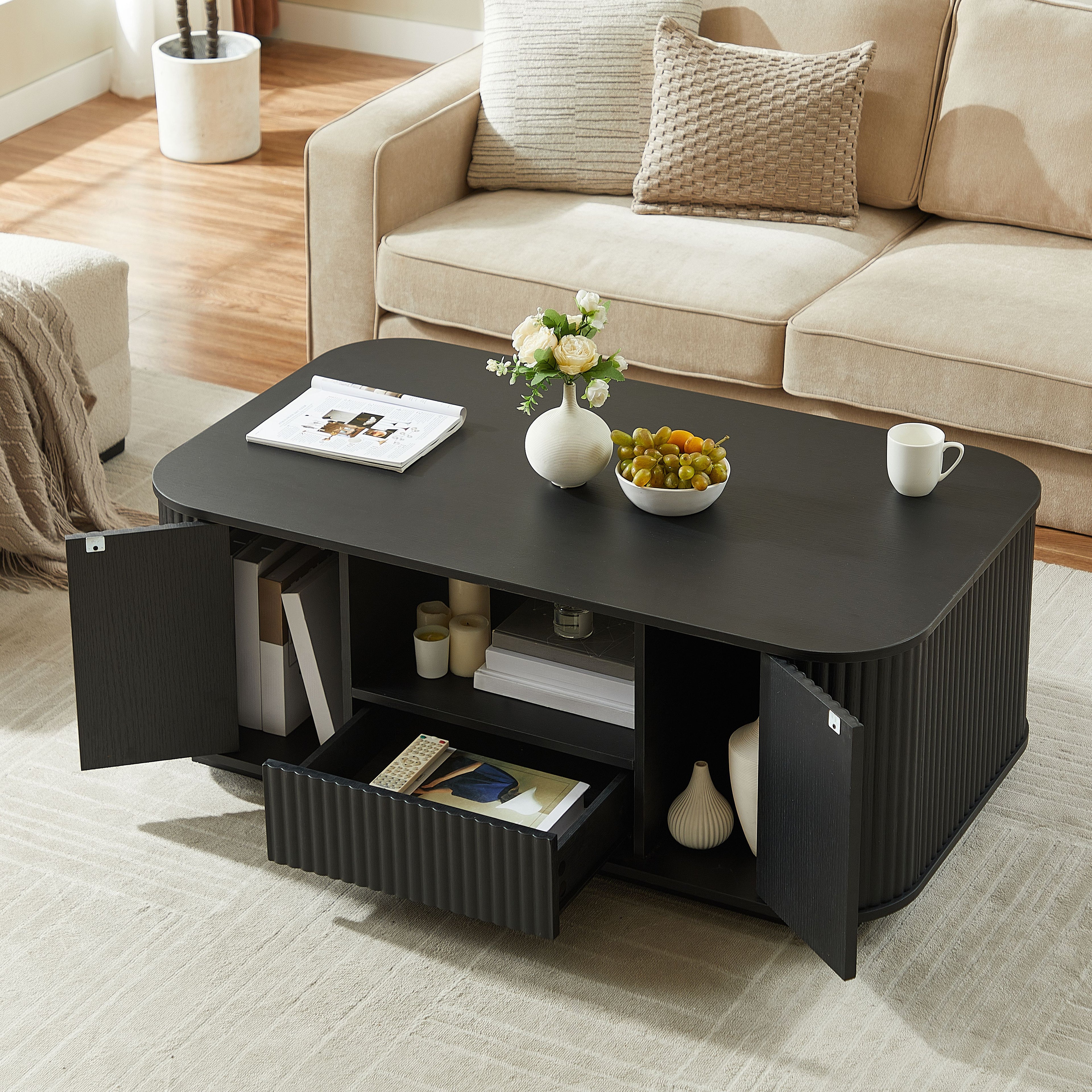 46.5"modern luxury oval coffee table with drawers and storage compartments, curved contour design, living room center coffee table, suitable for living rooms and offices
