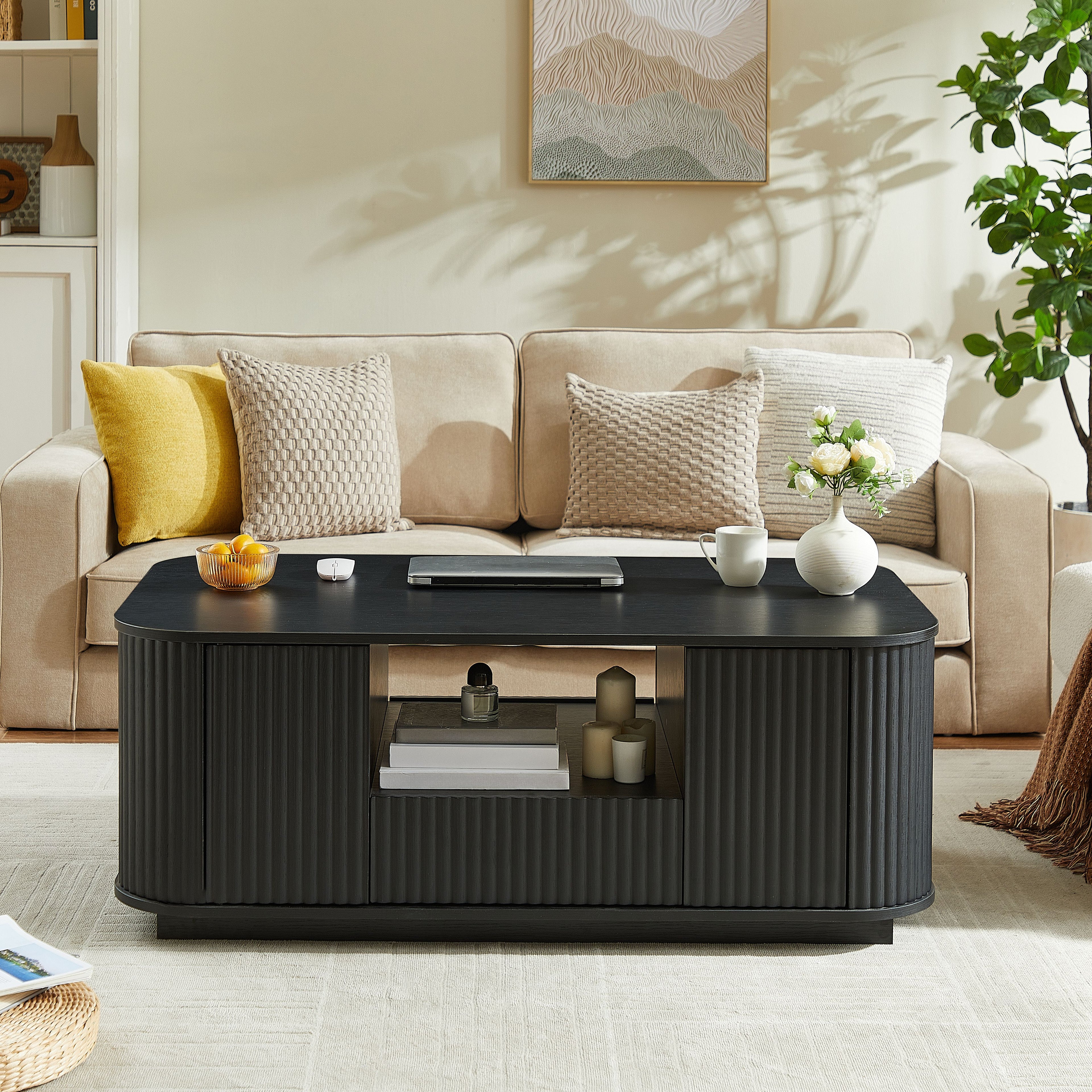 46.5"modern luxury oval coffee table with drawers and storage compartments, curved contour design, living room center coffee table, suitable for living rooms and offices