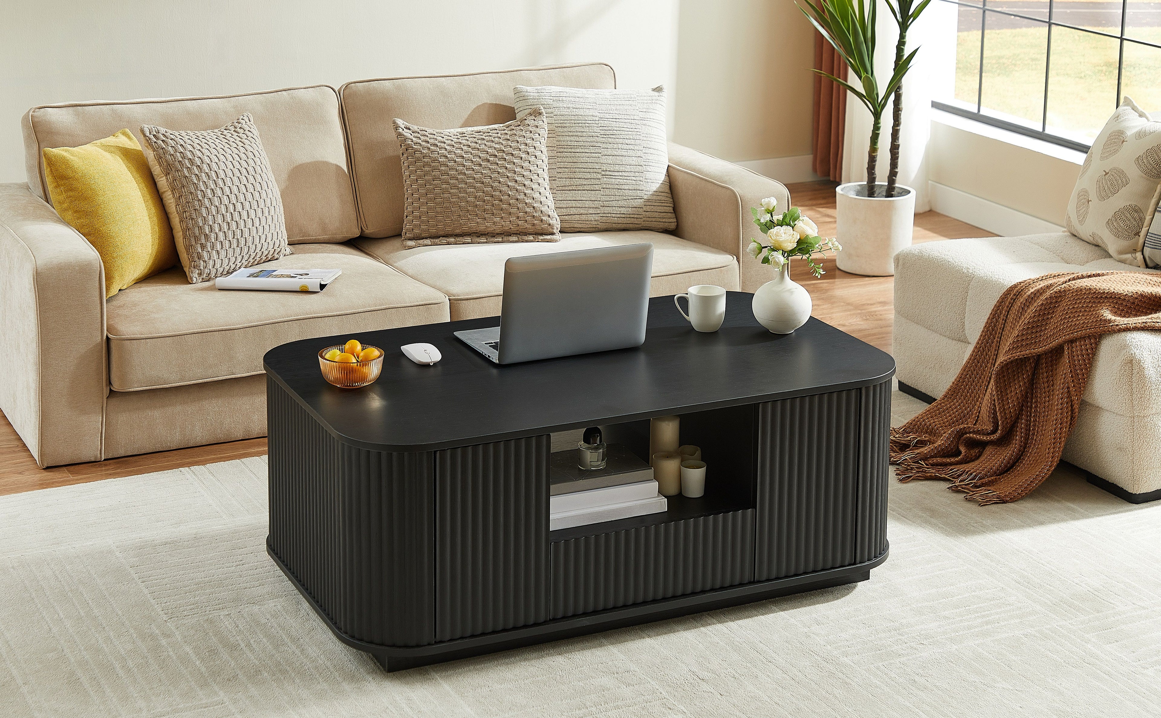 46.5"modern luxury oval coffee table with drawers and storage compartments, curved contour design, living room center coffee table, suitable for living rooms and offices