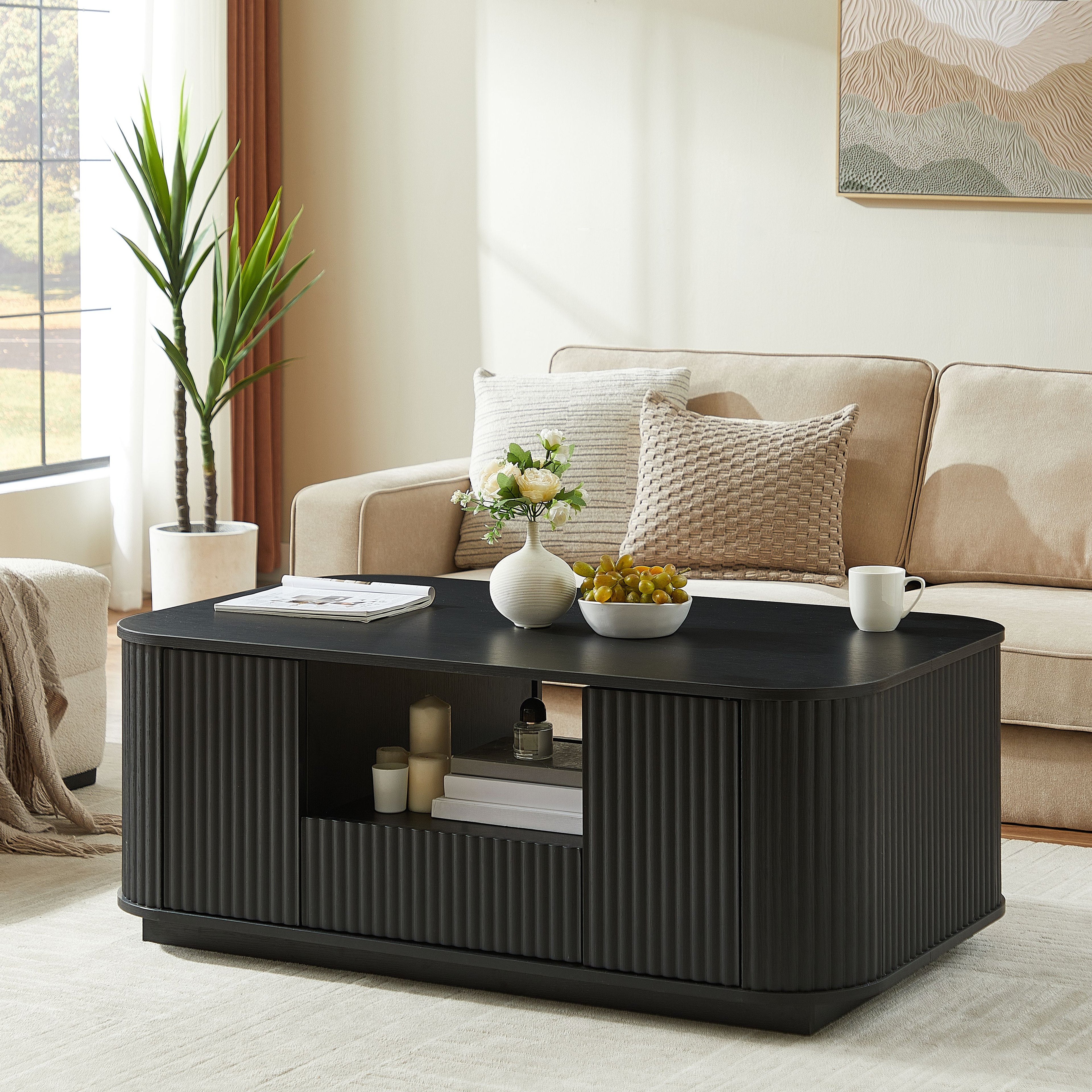 46.5"modern luxury oval coffee table with drawers and storage compartments, curved contour design, living room center coffee table, suitable for living rooms and offices