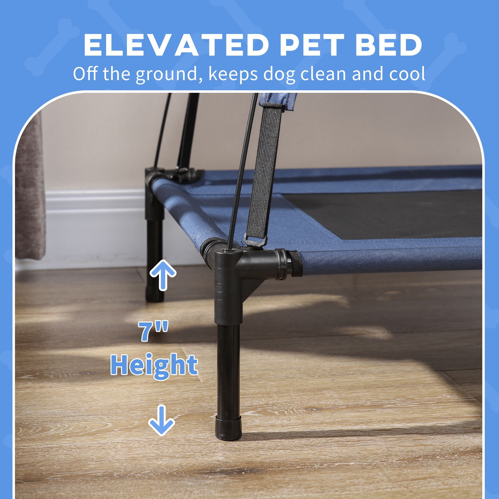 Elevated Portable Dog Cot Pet Bed with UV Protection Canopy Shade, 30 inch, Dark Blue